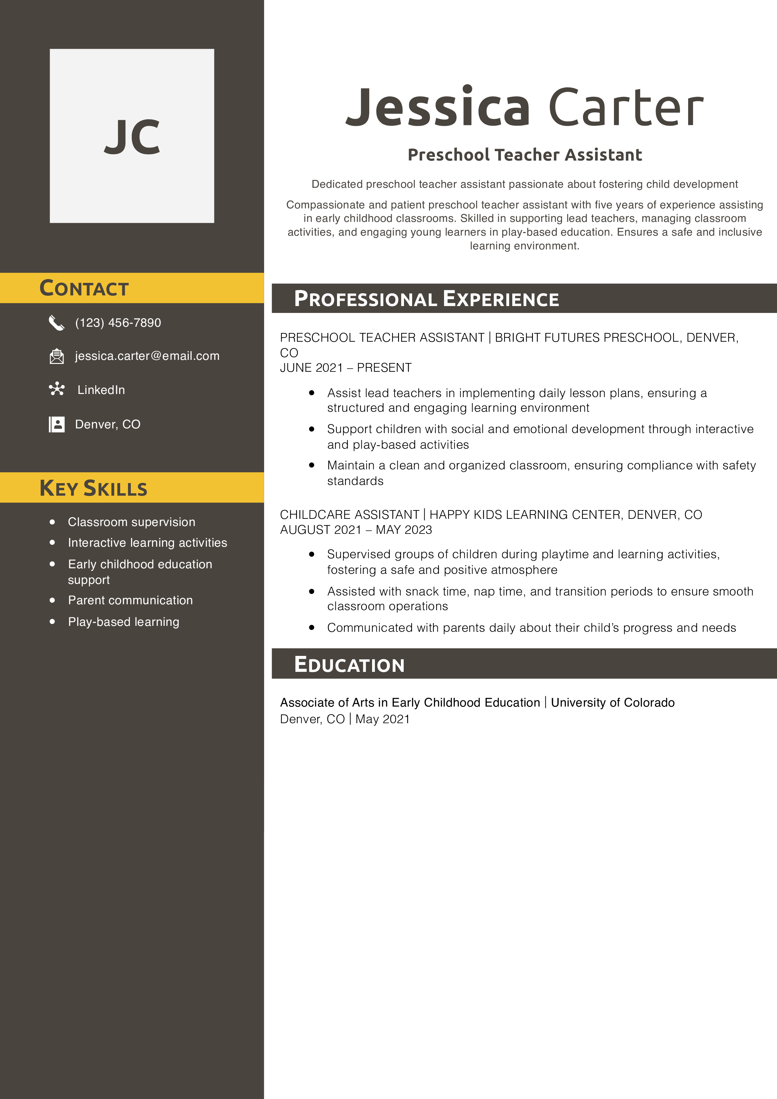 Preschool Teacher Assistant Resume