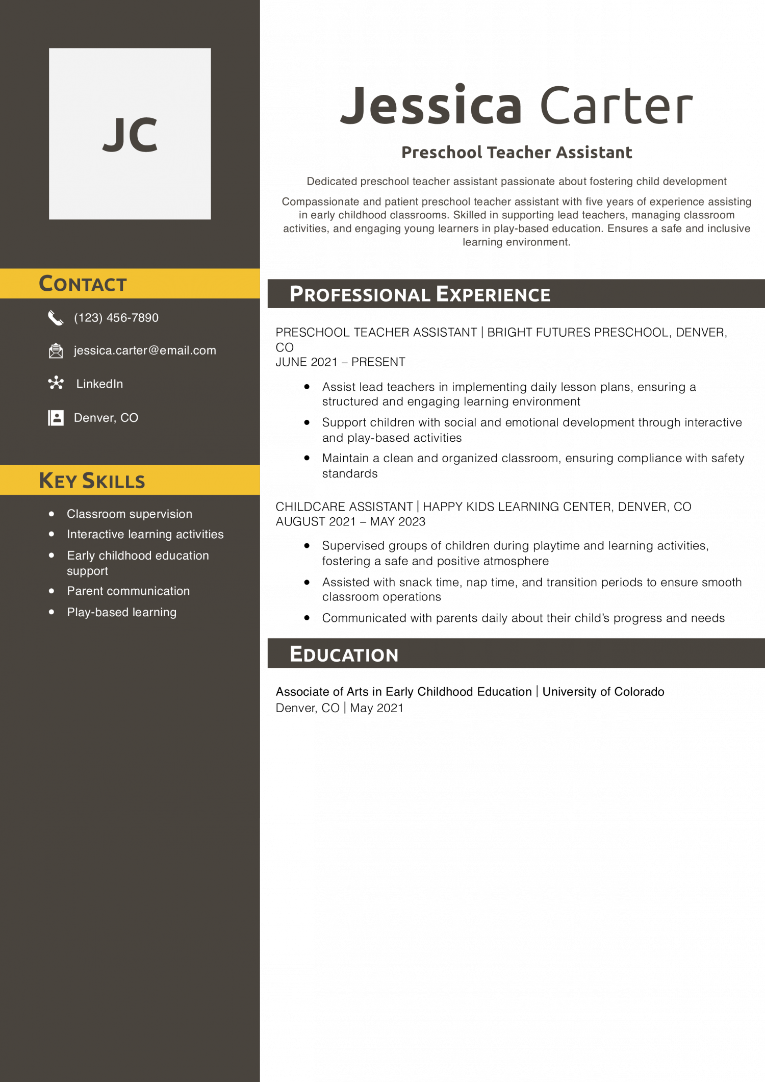 Preschool Teacher Assistant Resume