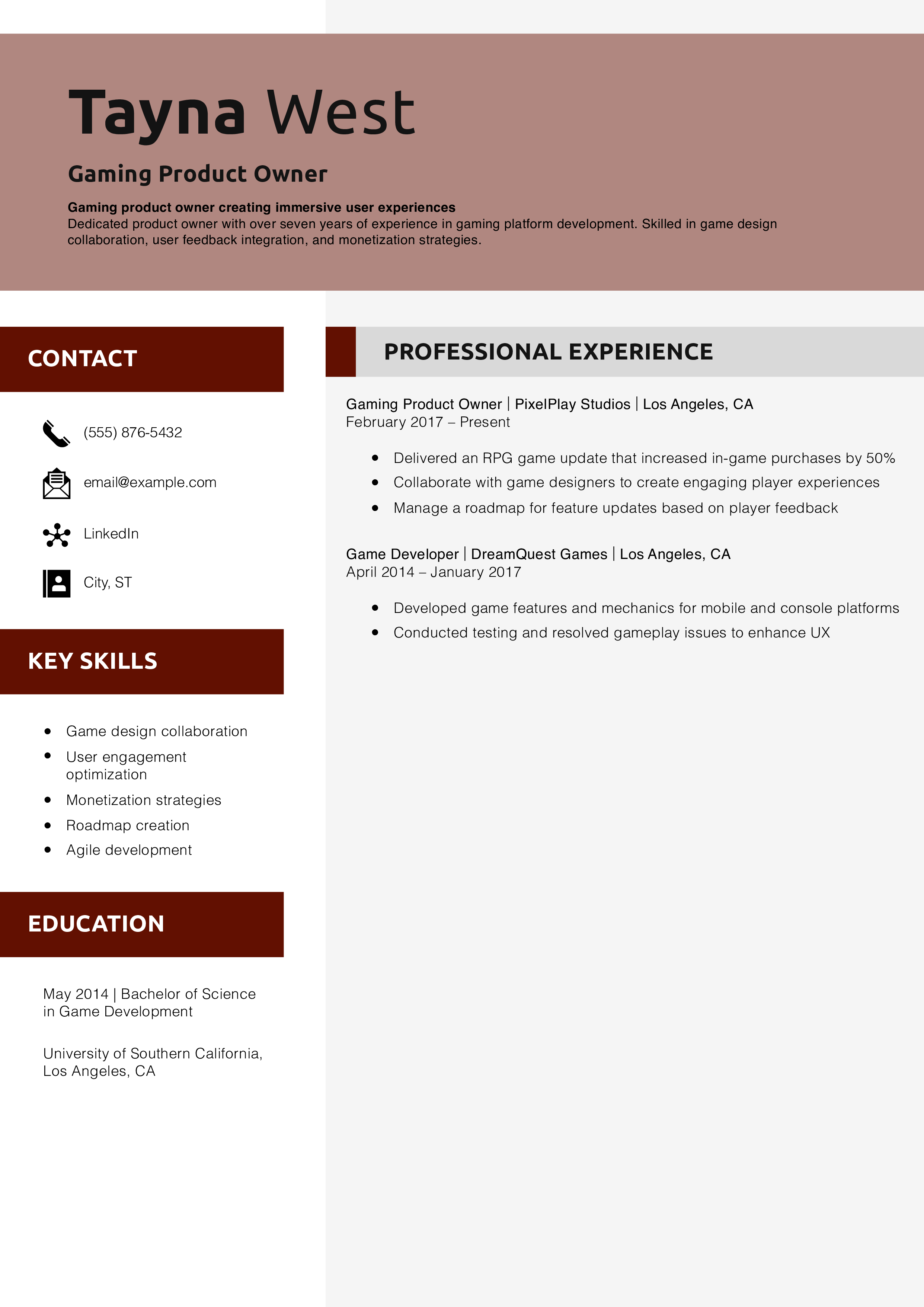 Gaming Product Owner Resume