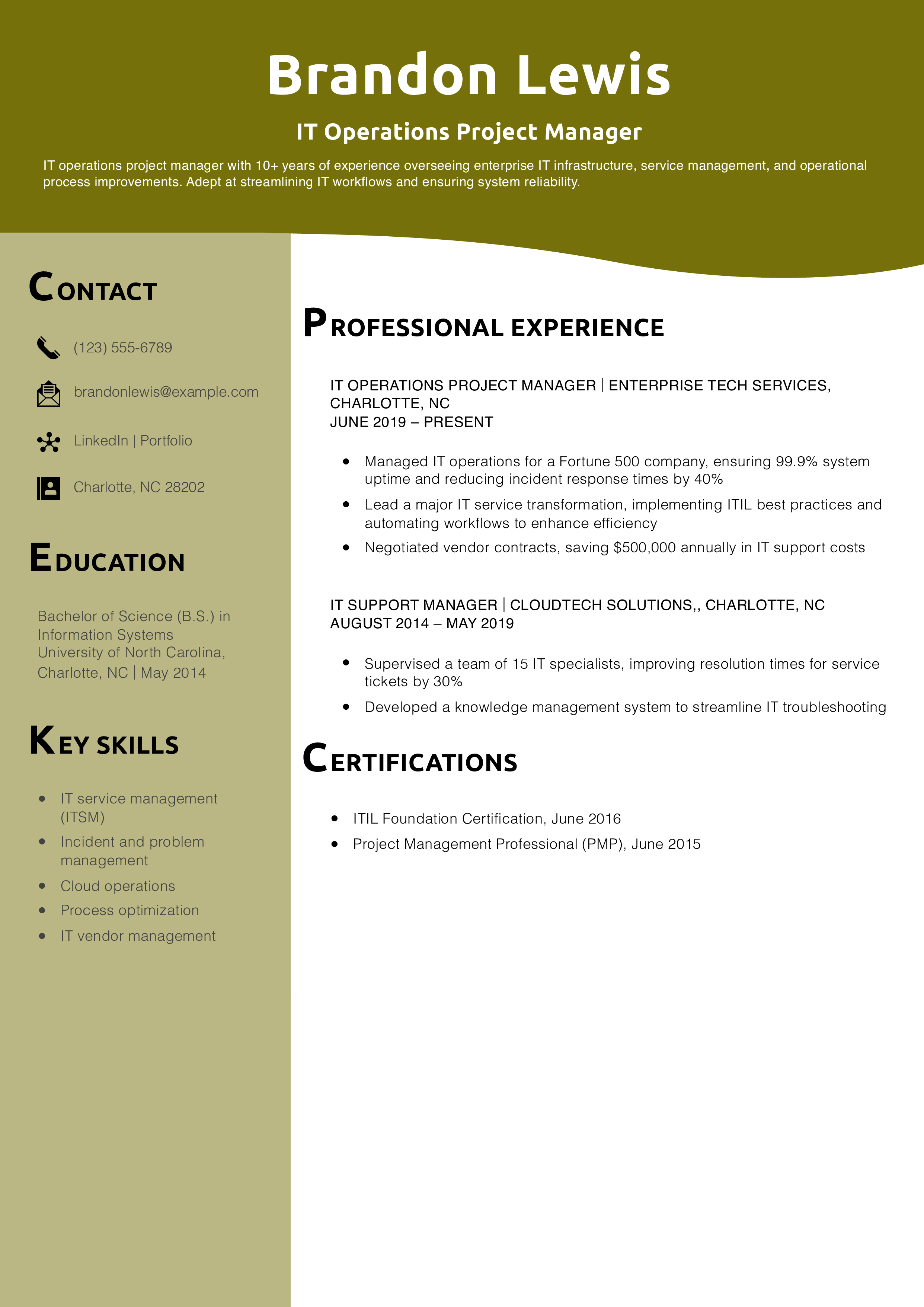 IT Operations Project Manager Resume Example