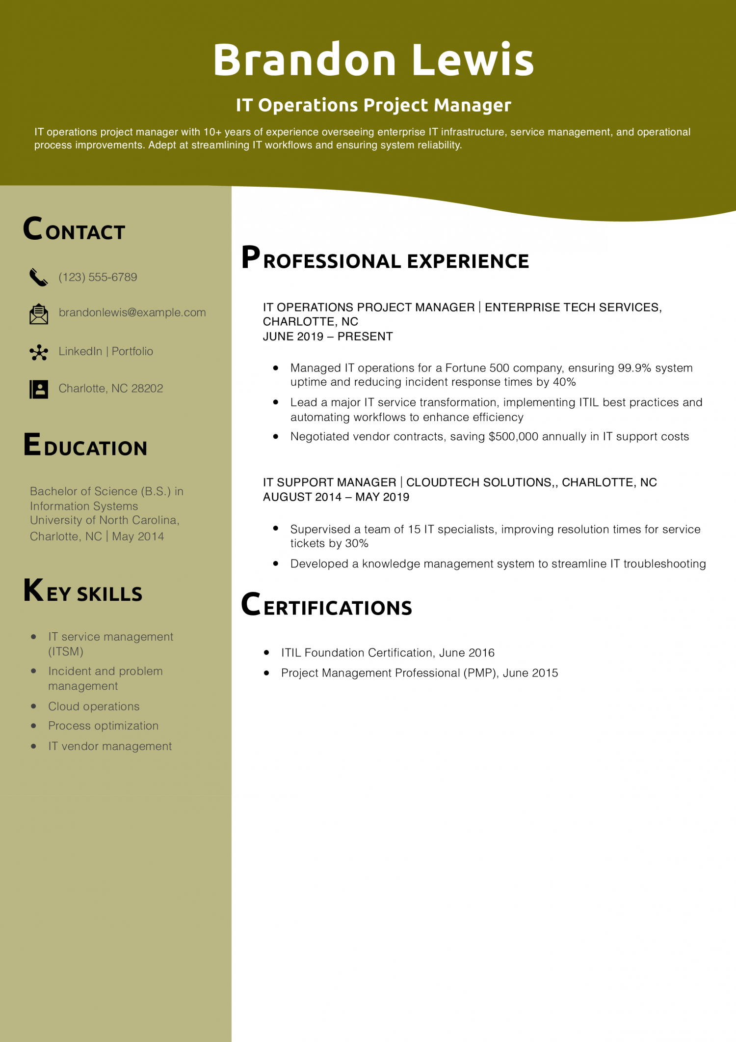 IT Operations Project Manager Resume Example