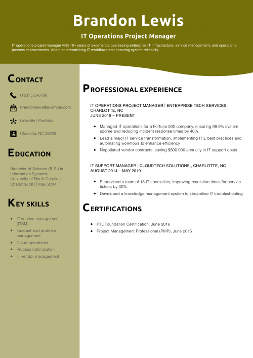 IT Operations Project Manager Resume Example