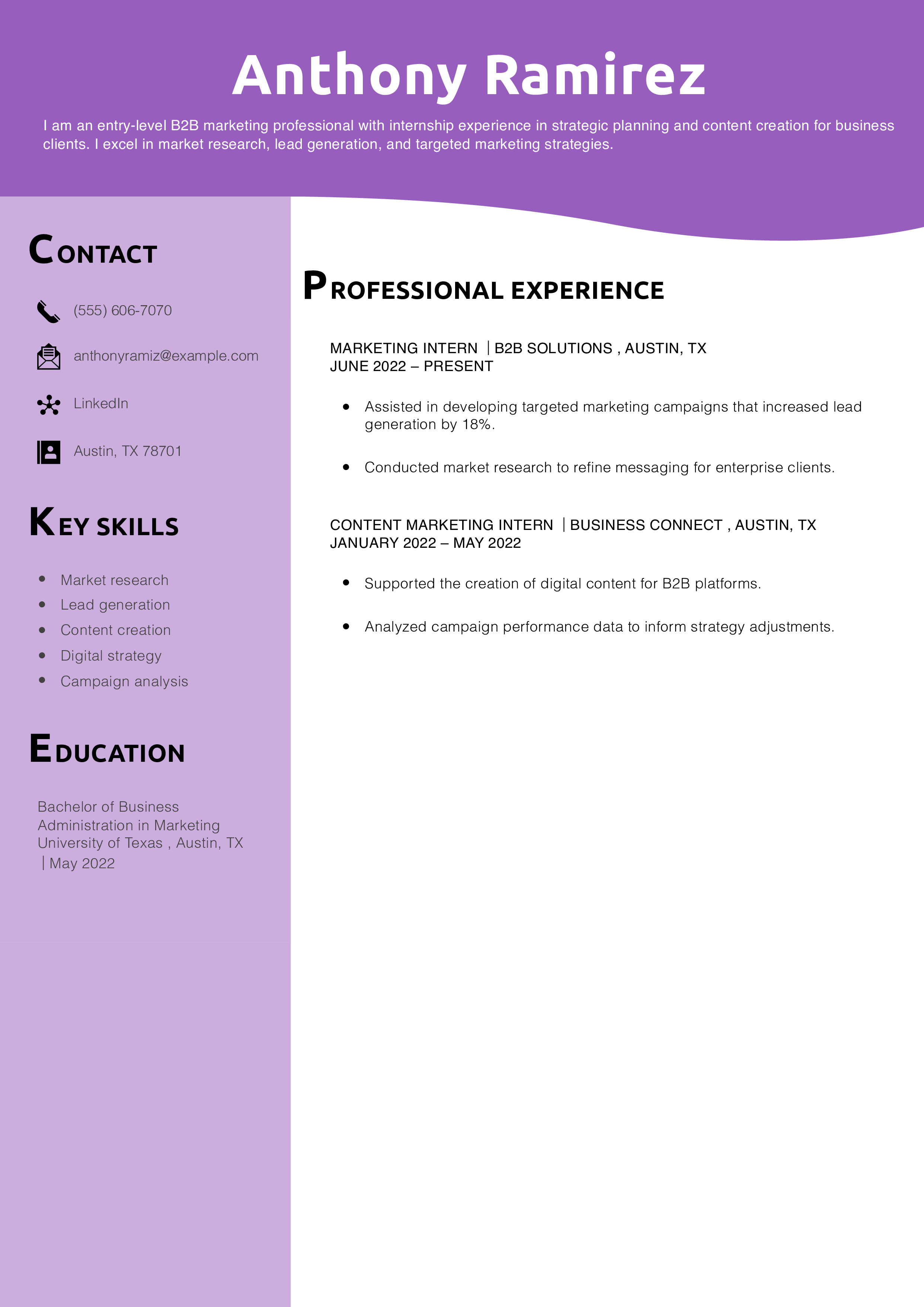 B2B Marketing Intern Resume Example