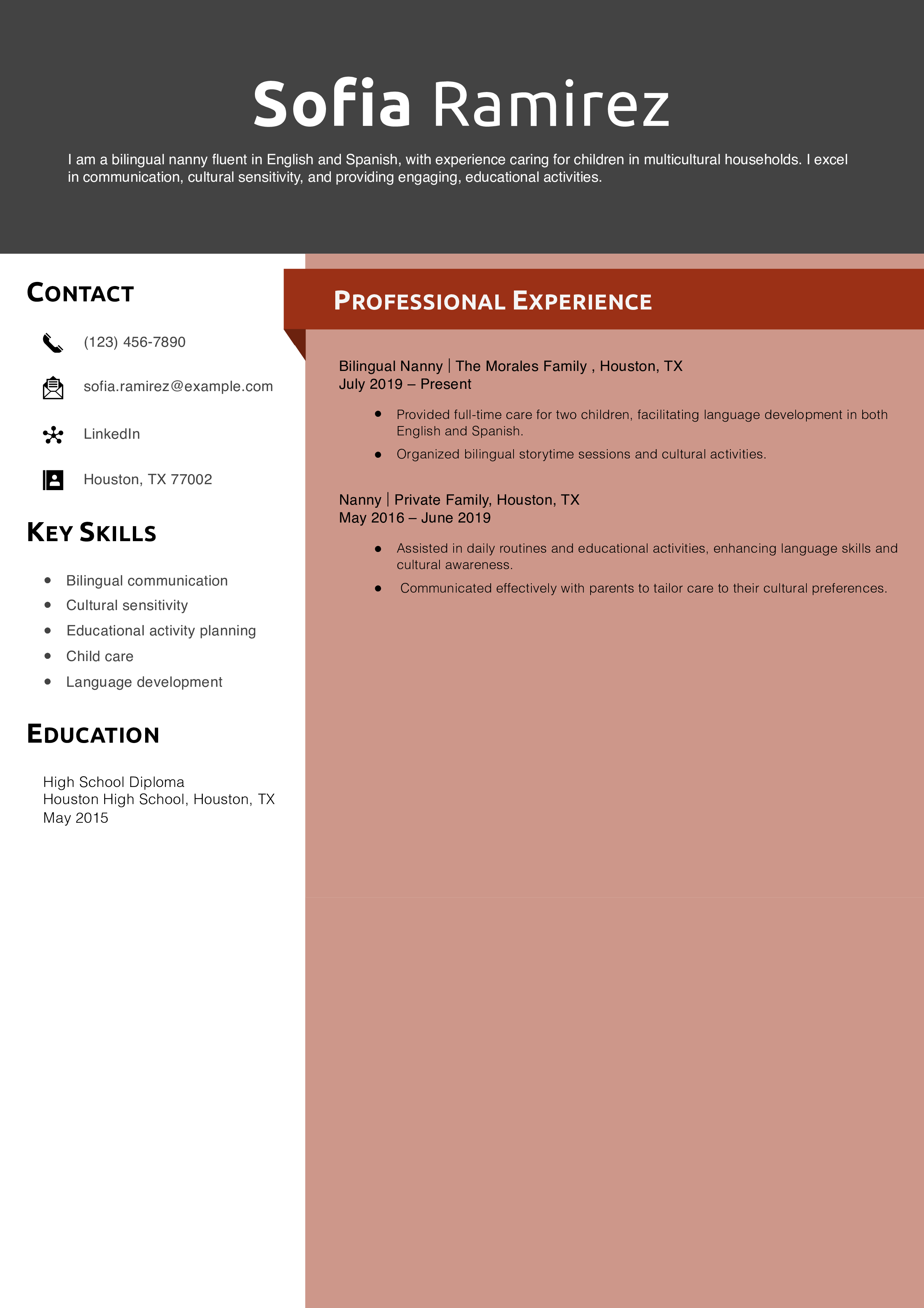Bilingual Nanny Resume Example
