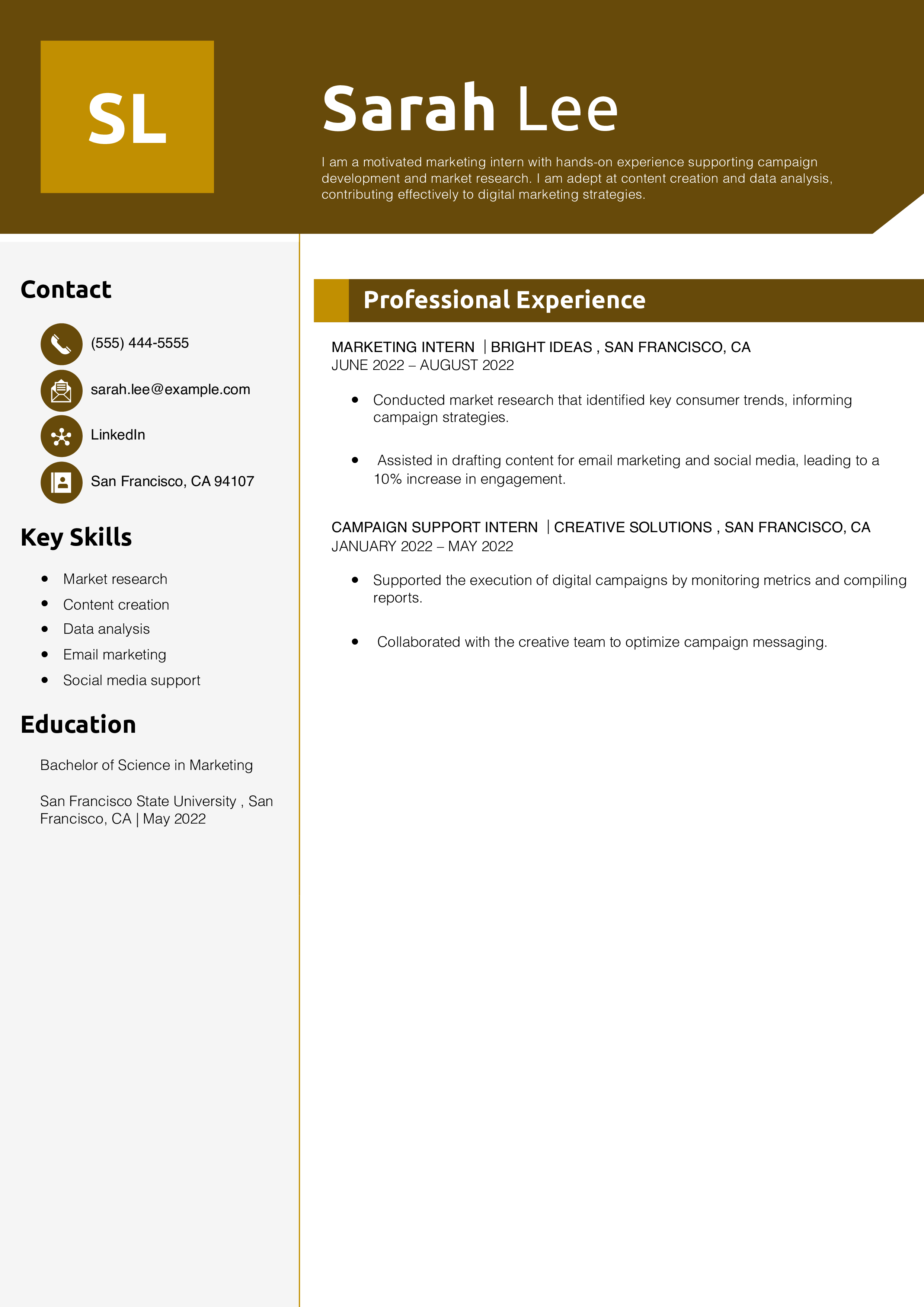 Marketing Intern Resume Example