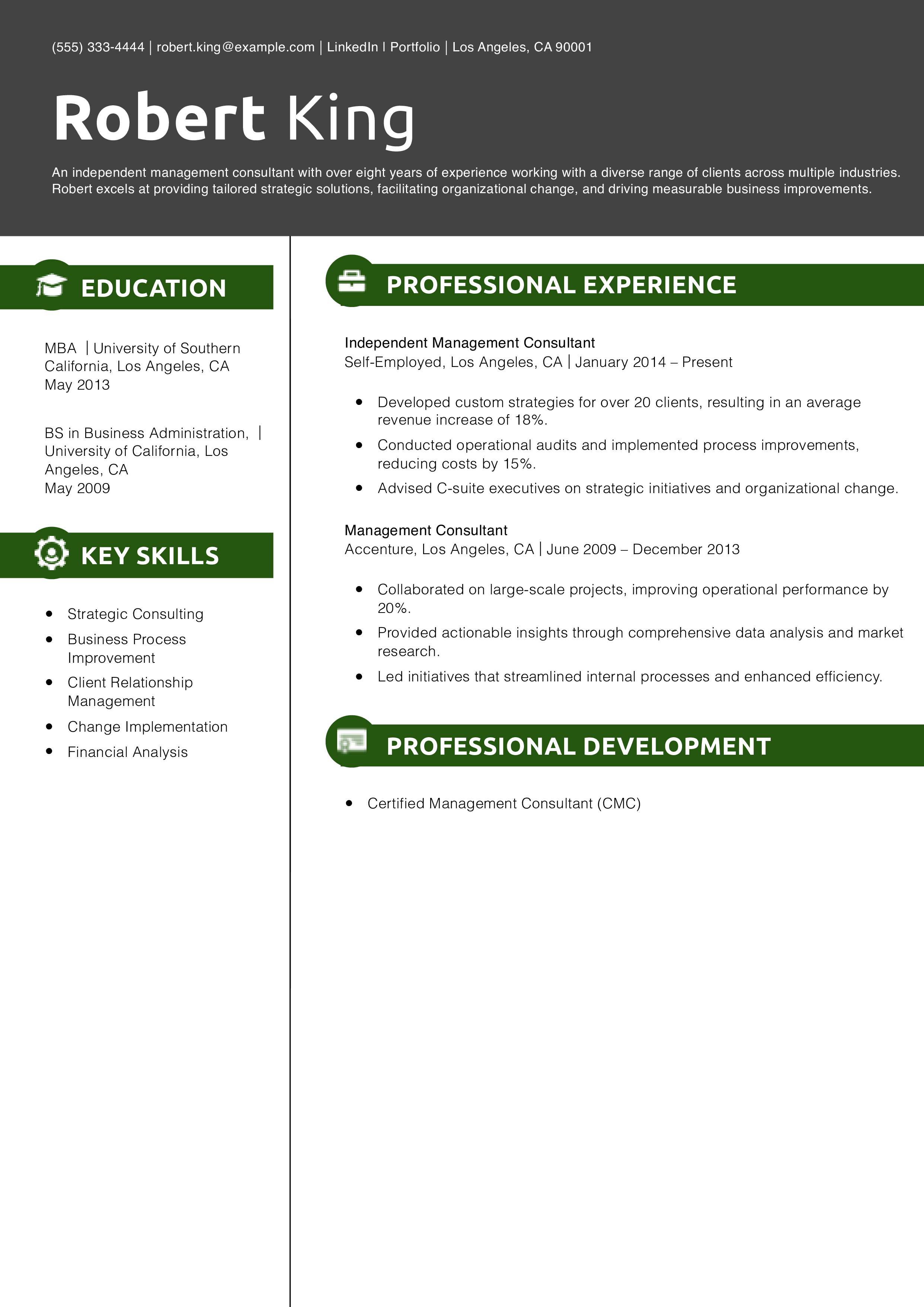 Independent Management Consultant Resume Example