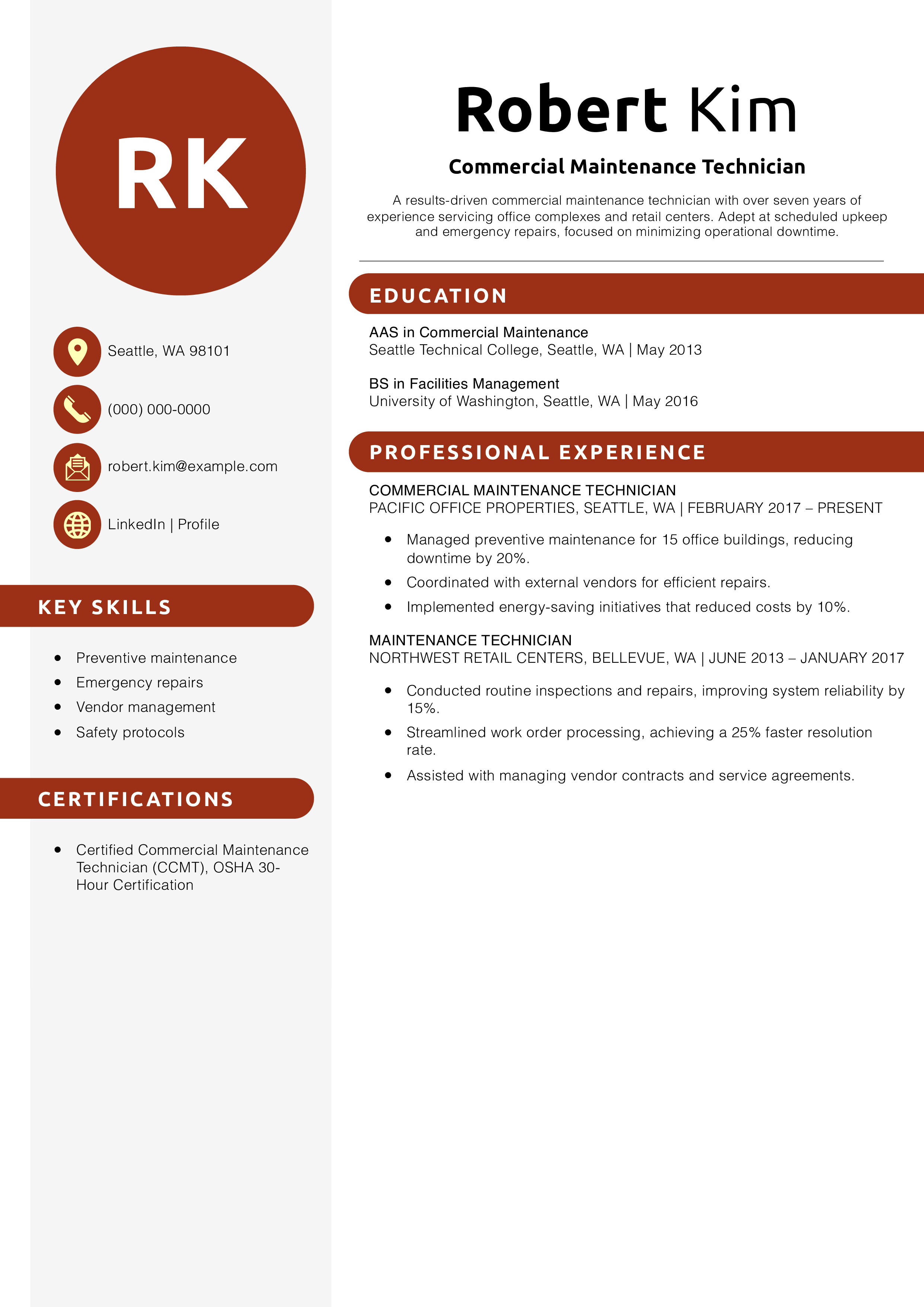 Commercial Maintenance Technician Resume Example