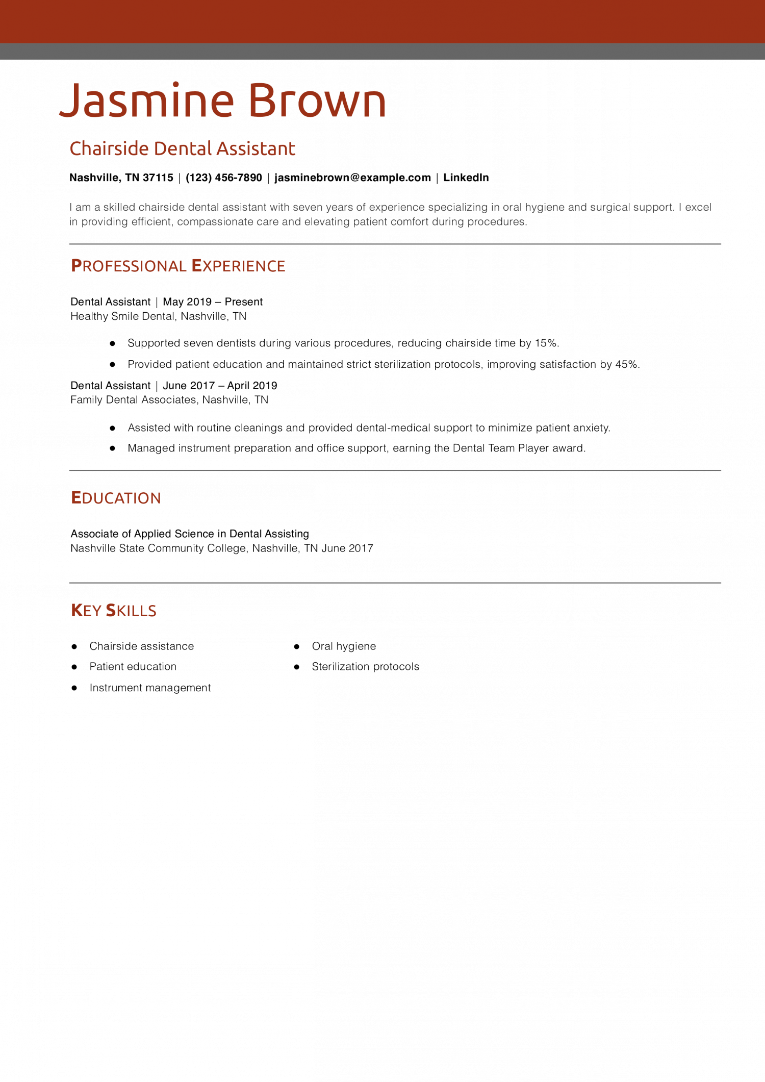 Chairside Dental Assistant Resume Example