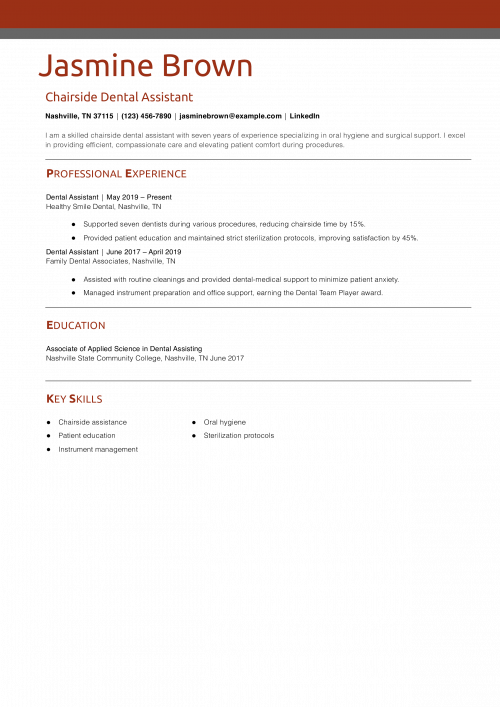 Chairside Dental Assistant Resume Example