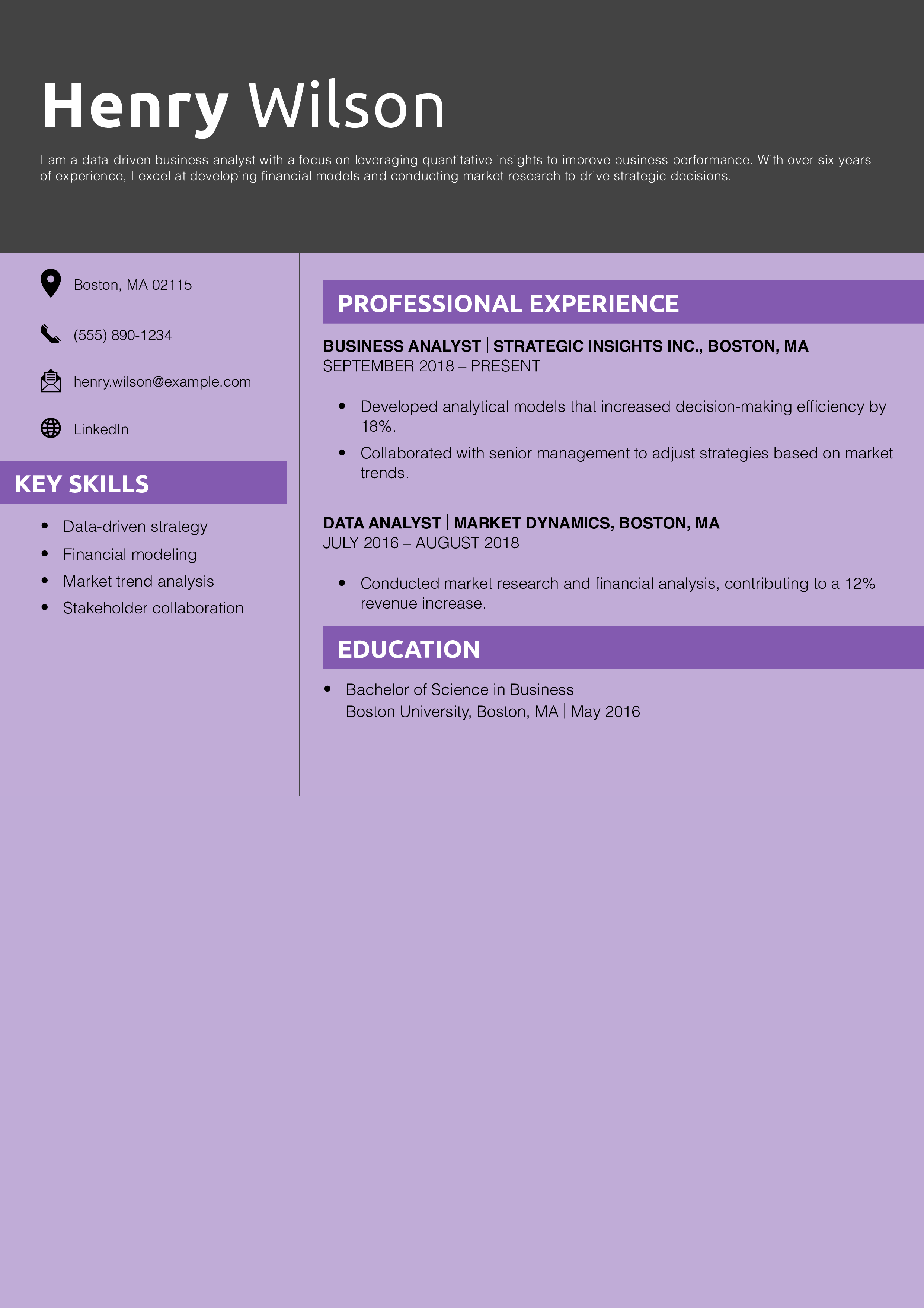 Data-Driven Business Analyst Resume Example
