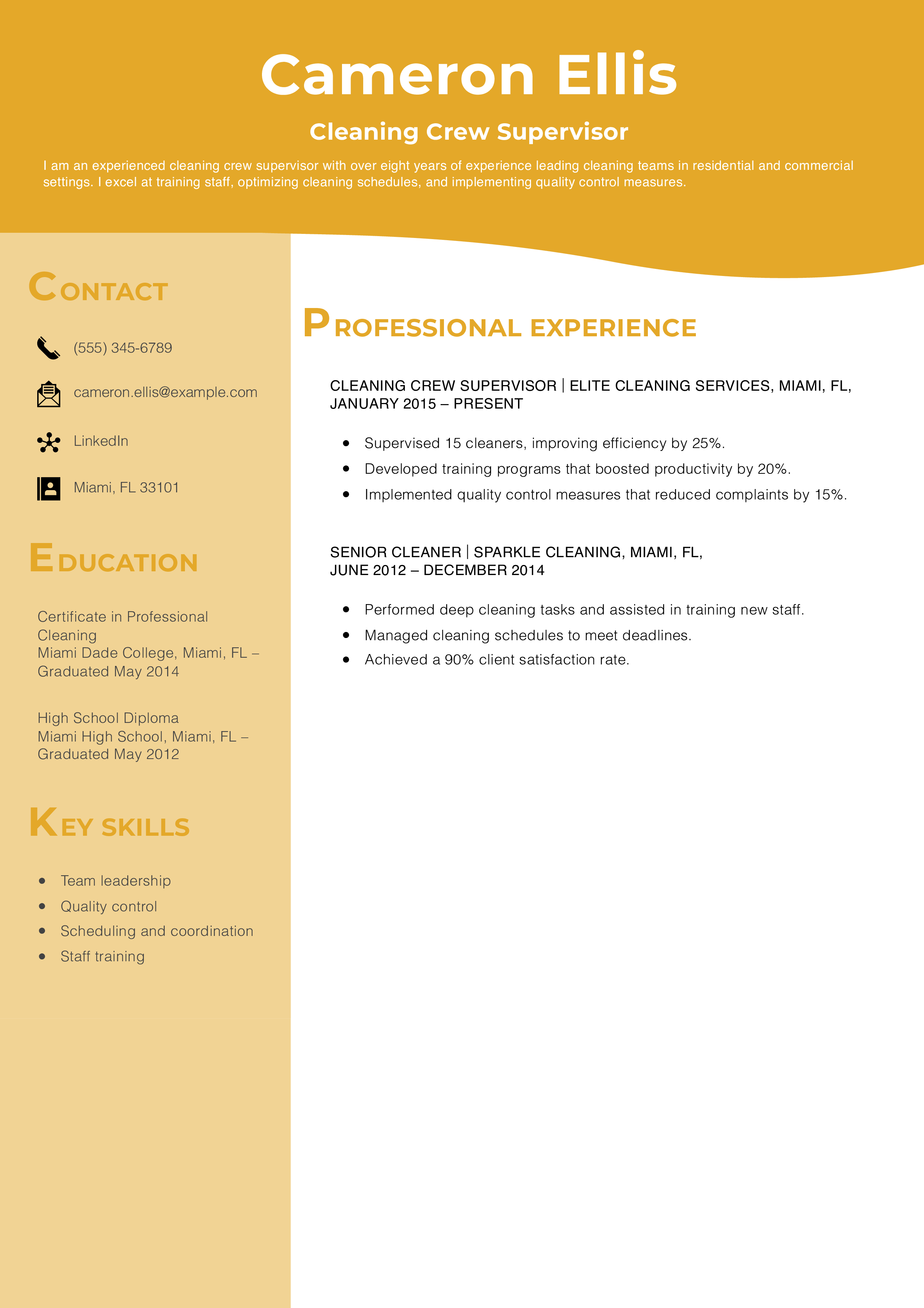 Cleaning Crew Supervisor Resume Example