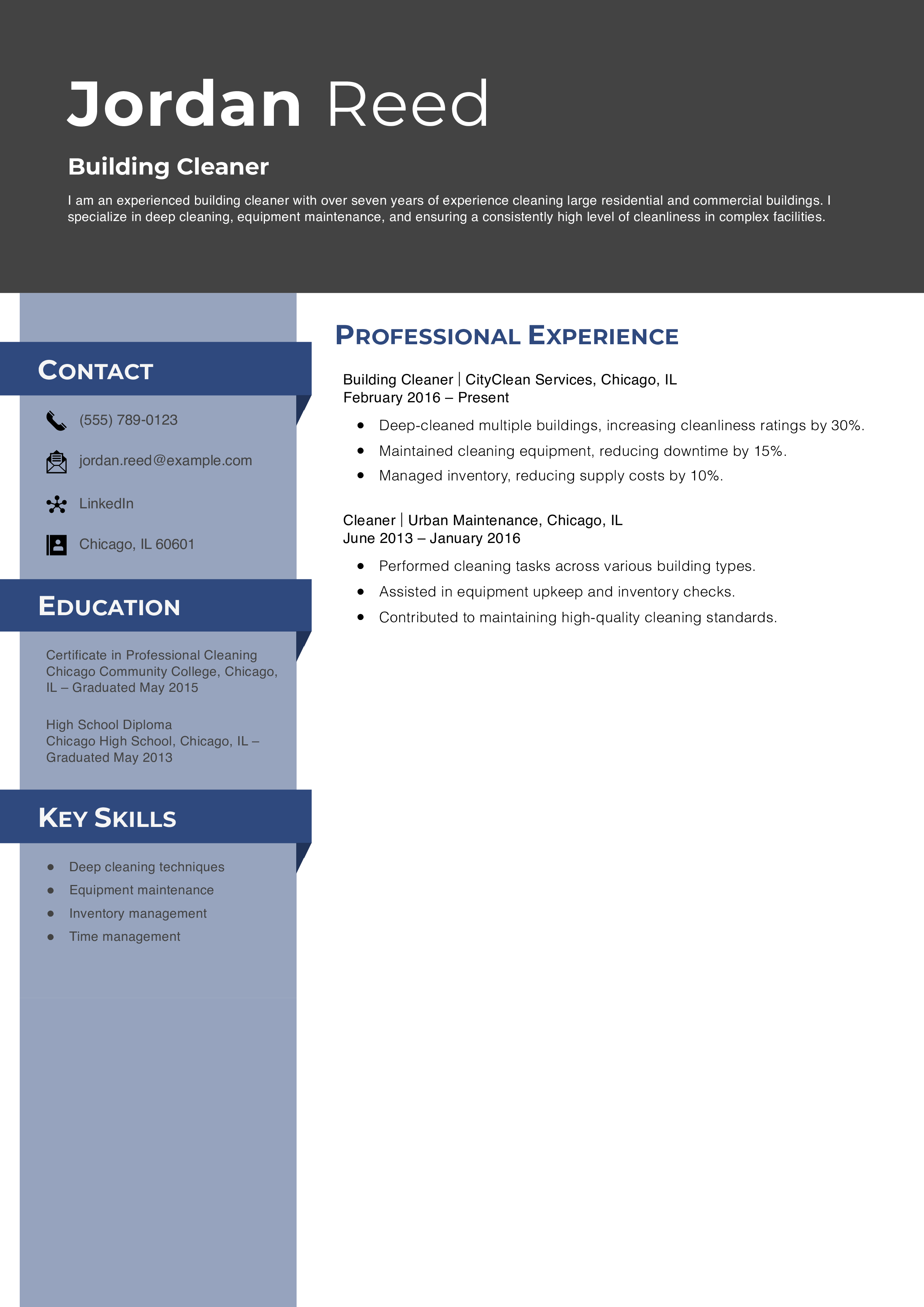 Building Cleaner Resume Example