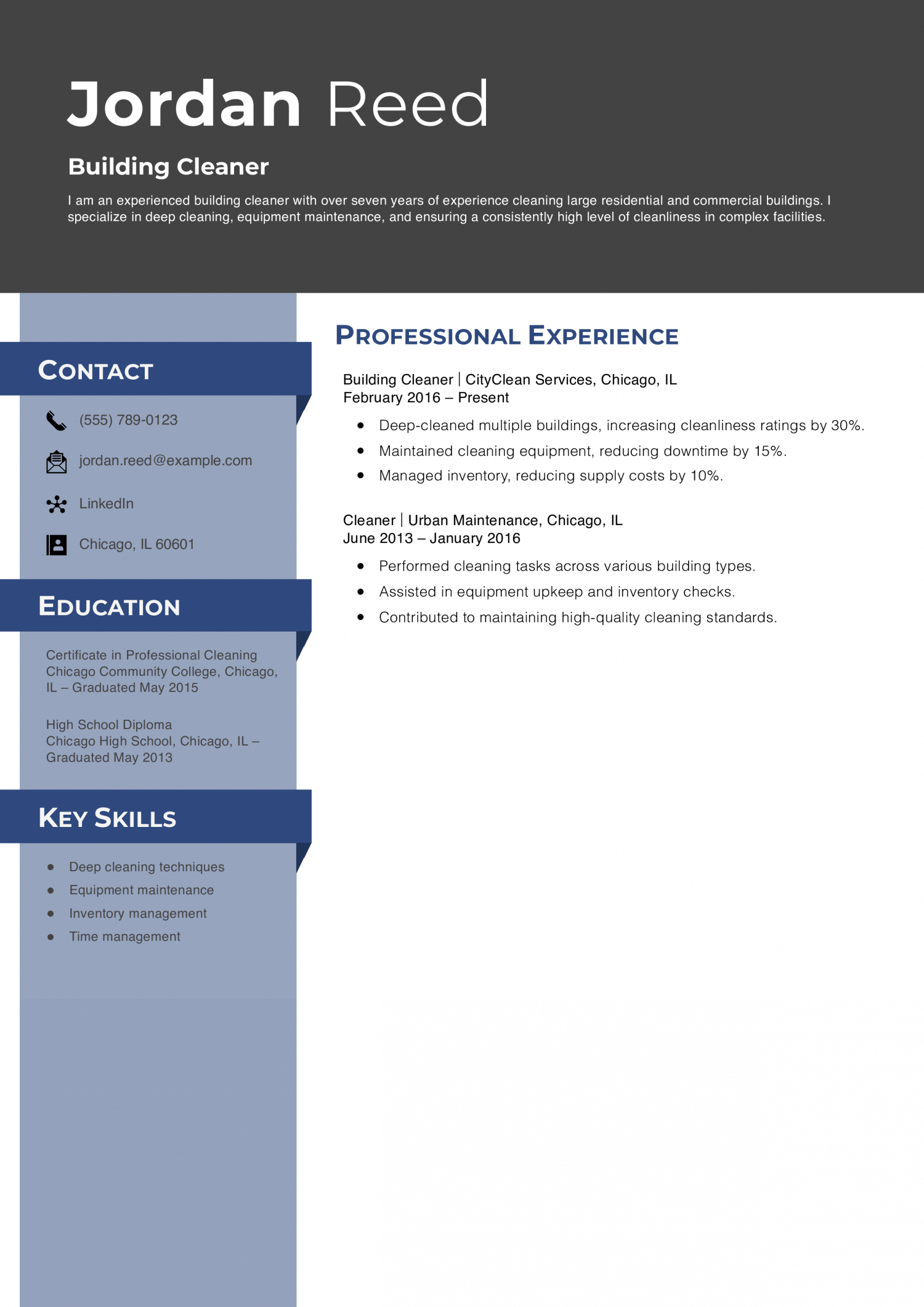 Building Cleaner Resume Example