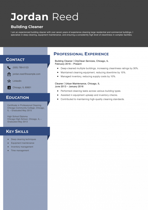 Building Cleaner Resume Example