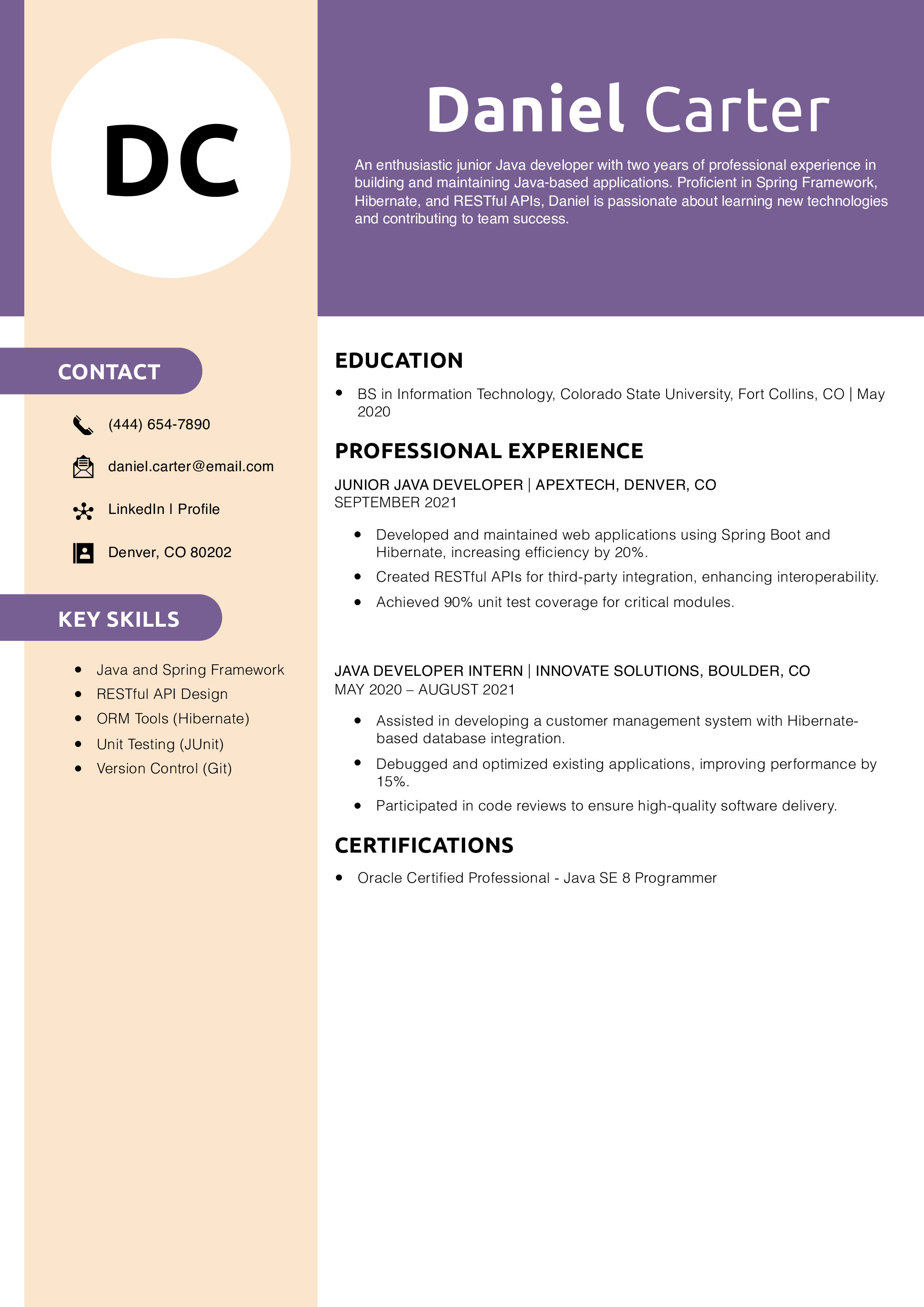 Junior Java Developer Resume Example