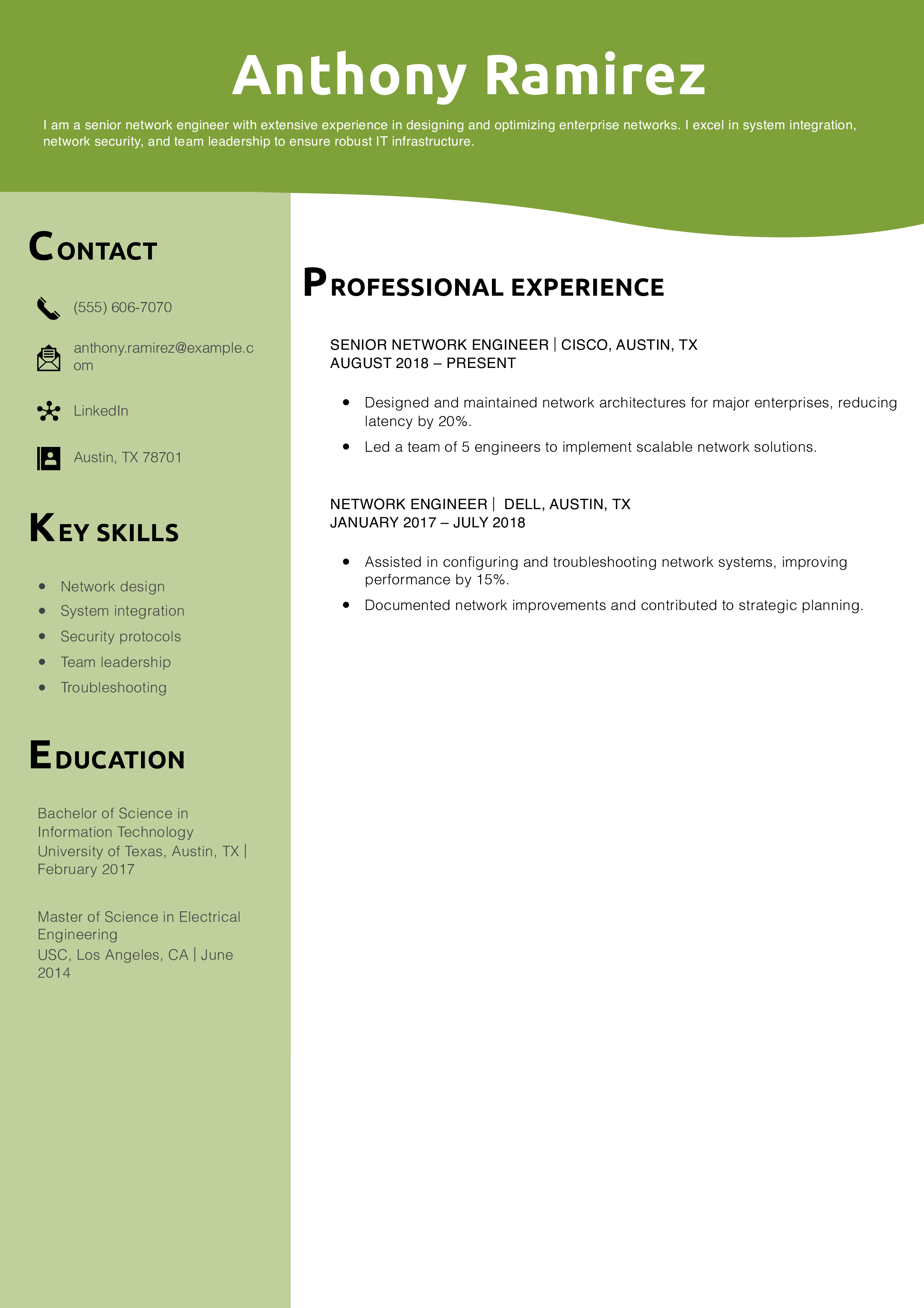 Senior Network Engineer Resume Example