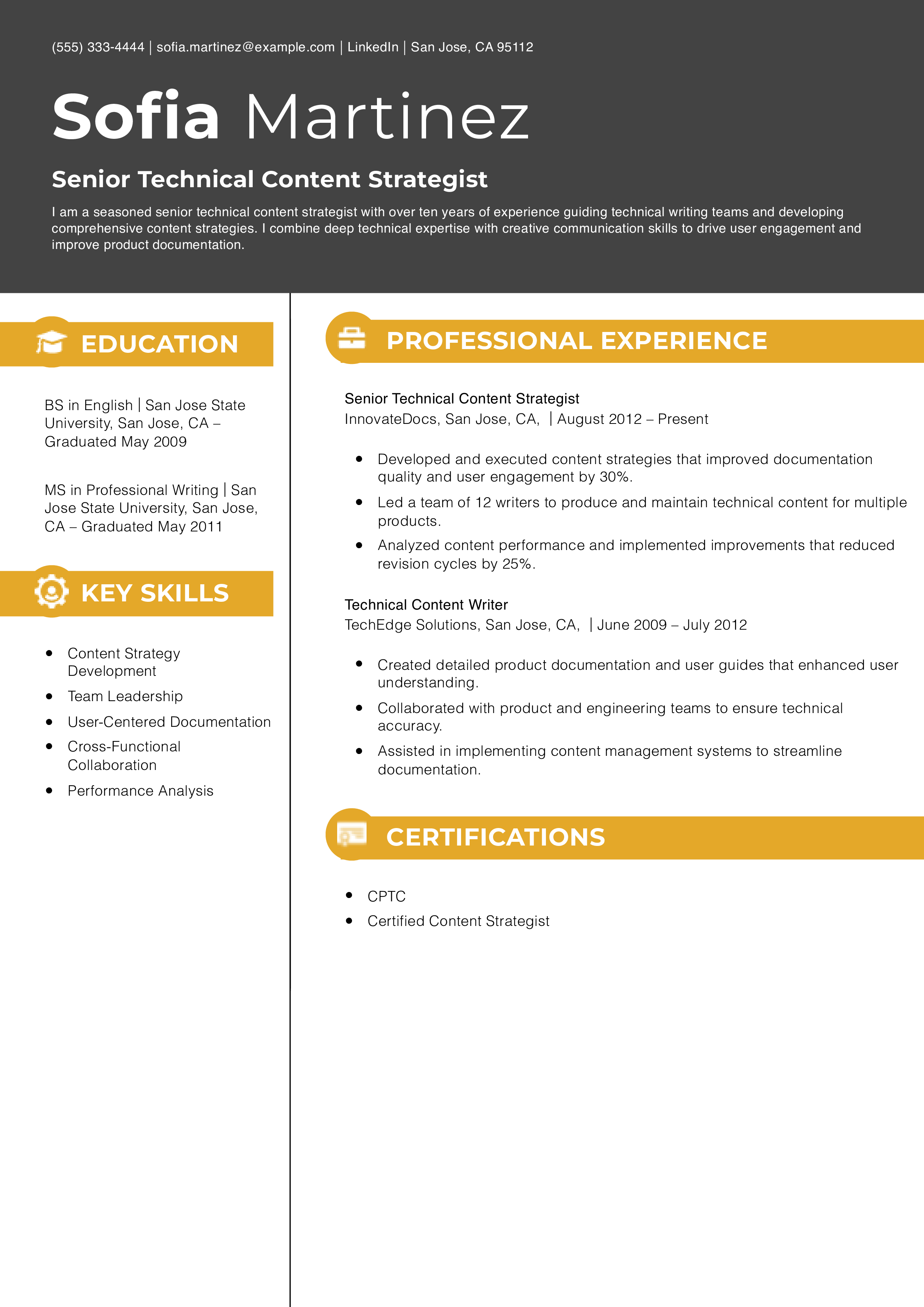 Senior Technical Content Strategist Resume Example