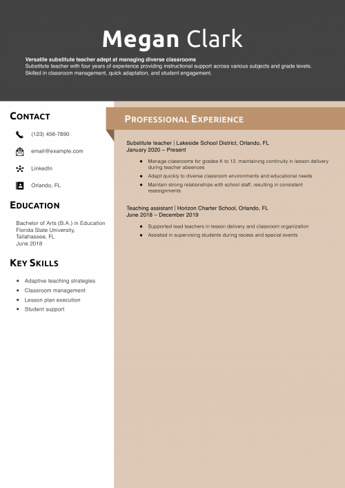 Substitute teacher resume example