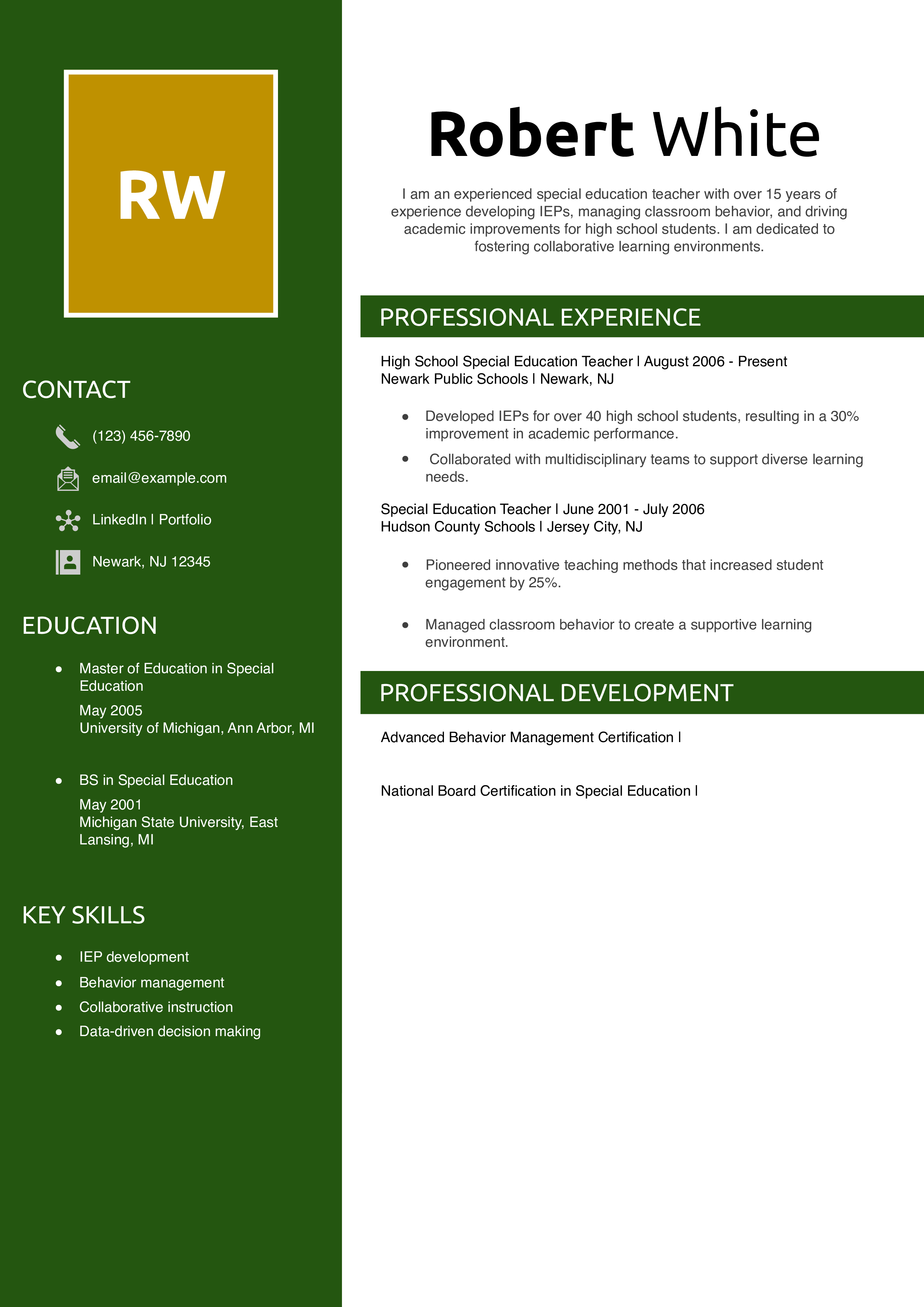 High School Experienced Special Education Teacher Resume Example