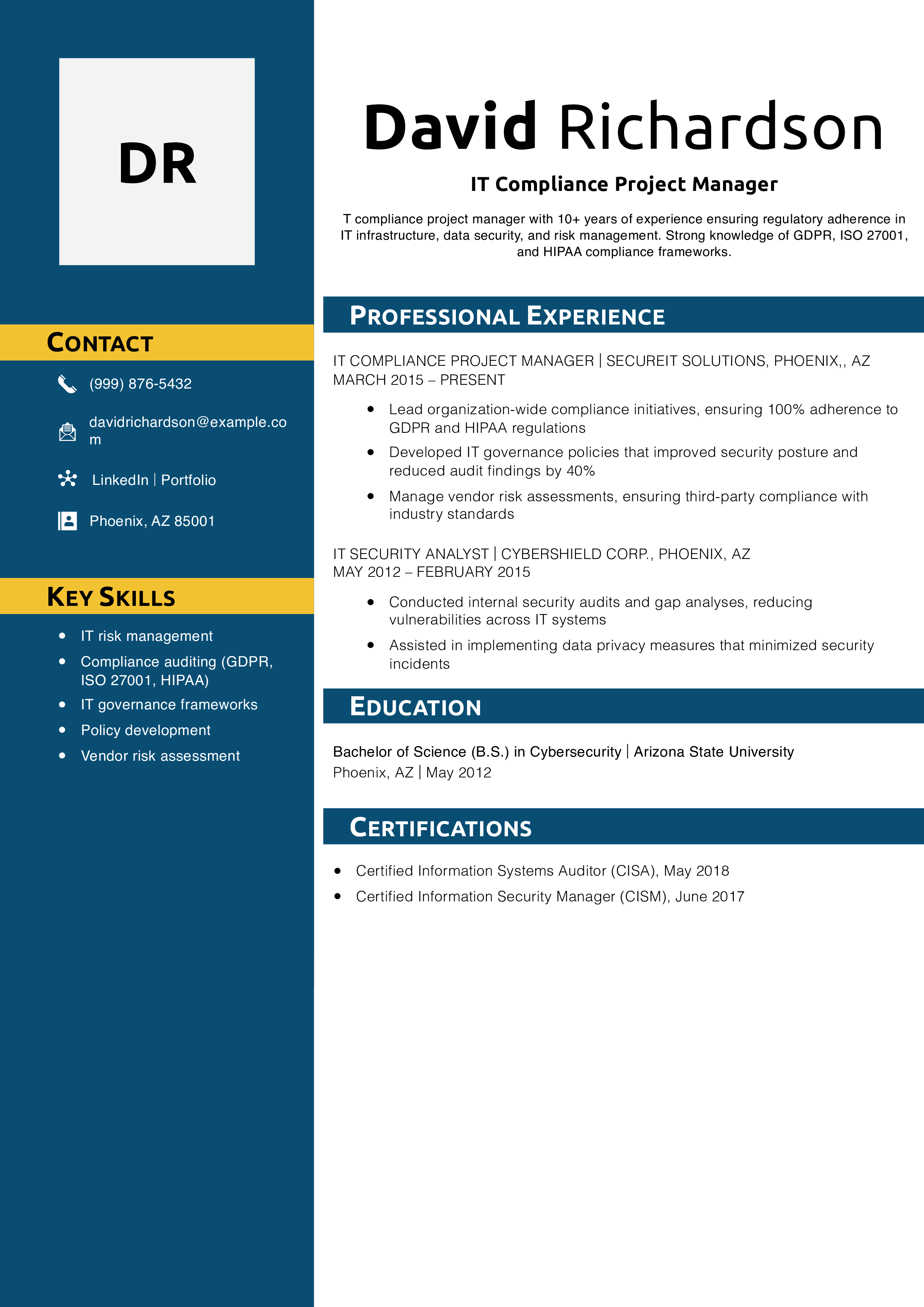 IT Compliance Project Manager Resume Example