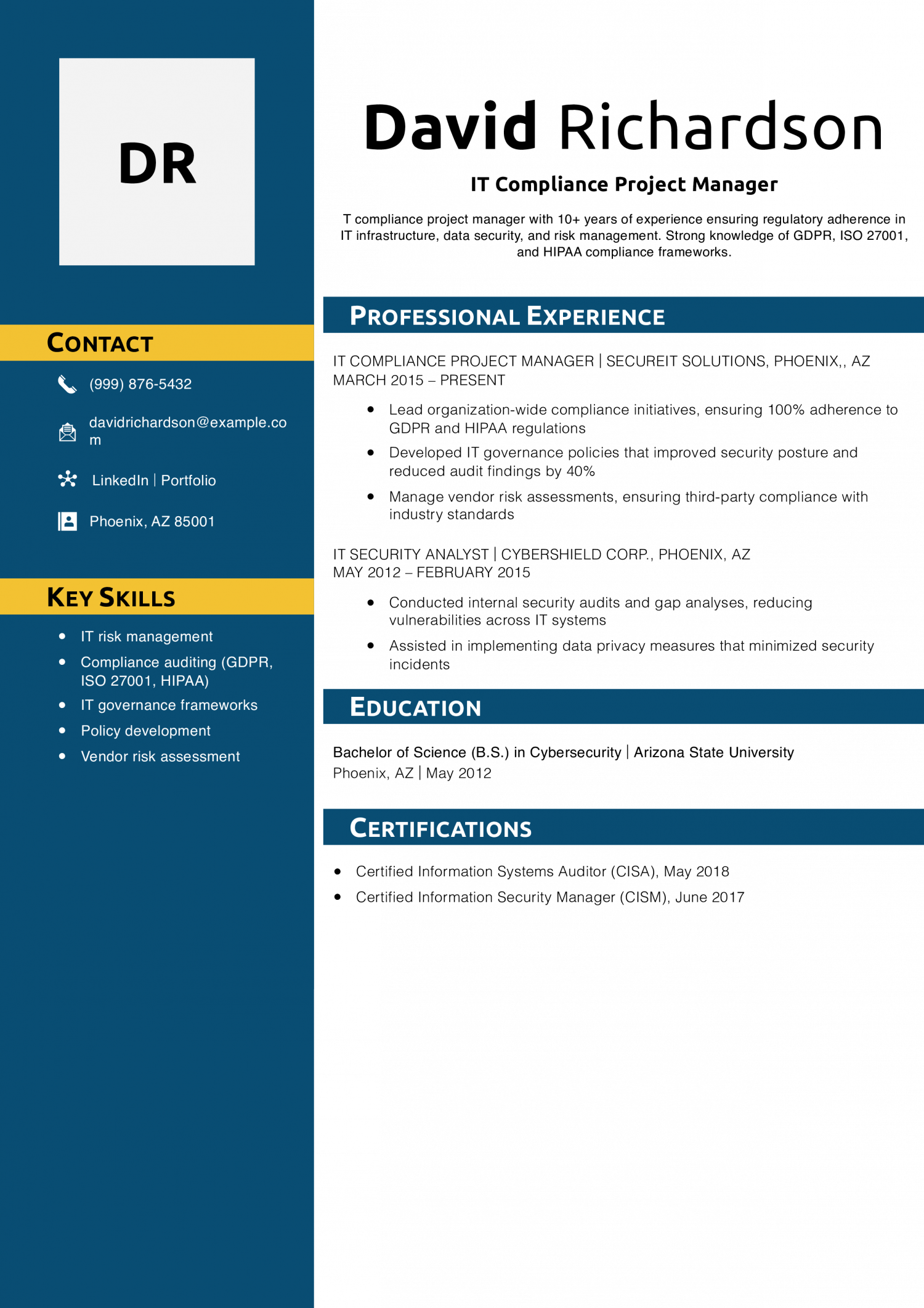 IT Compliance Project Manager Resume Example