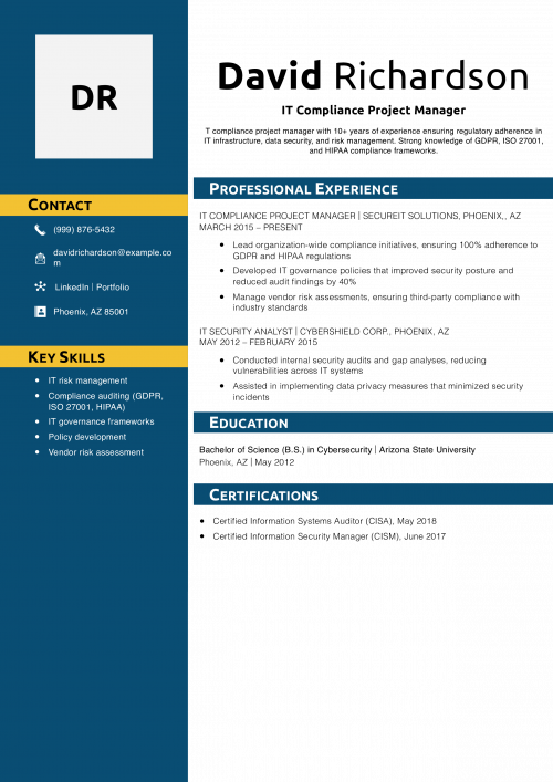 IT Compliance Project Manager Resume Example