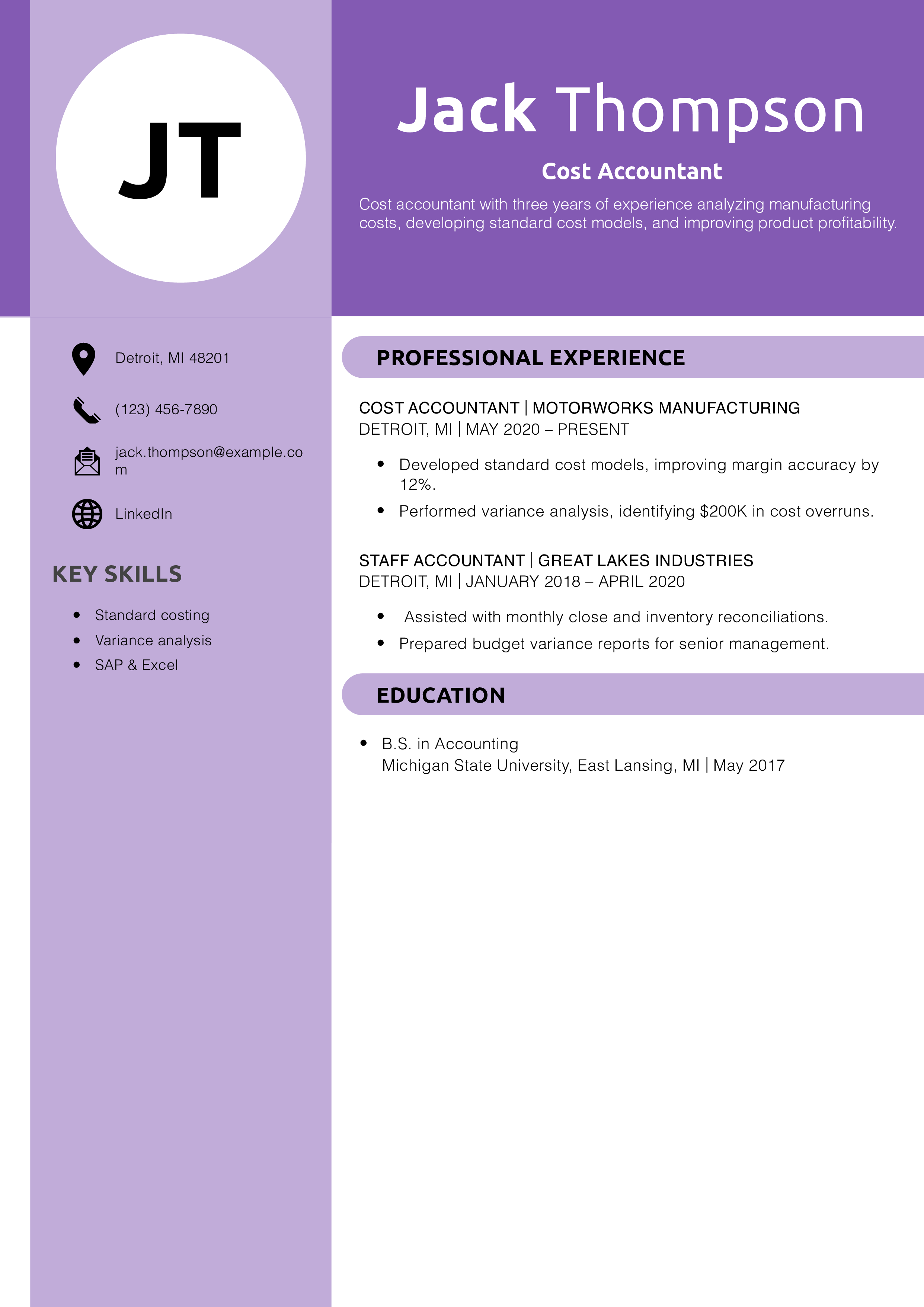 Cost Accountant Resume Example
