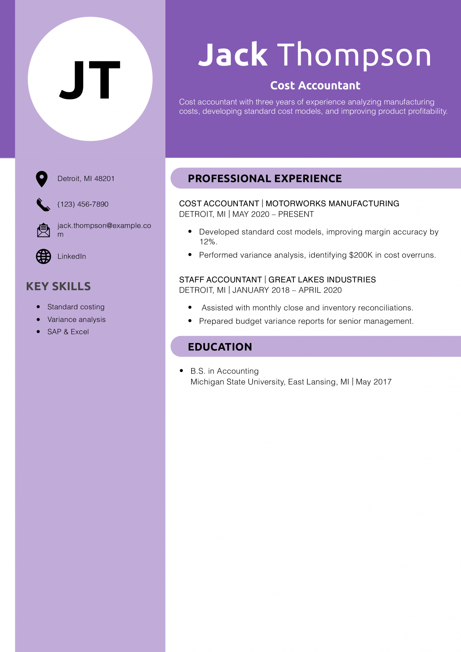 Cost Accountant Resume Example