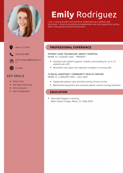 Patient Care Technician Resume Nursing Student Example
