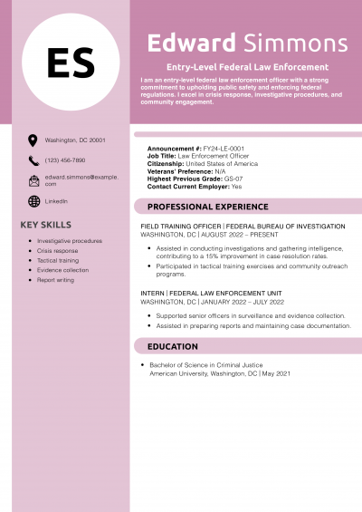 Entry-Level Federal Law Enforcement Resume Example