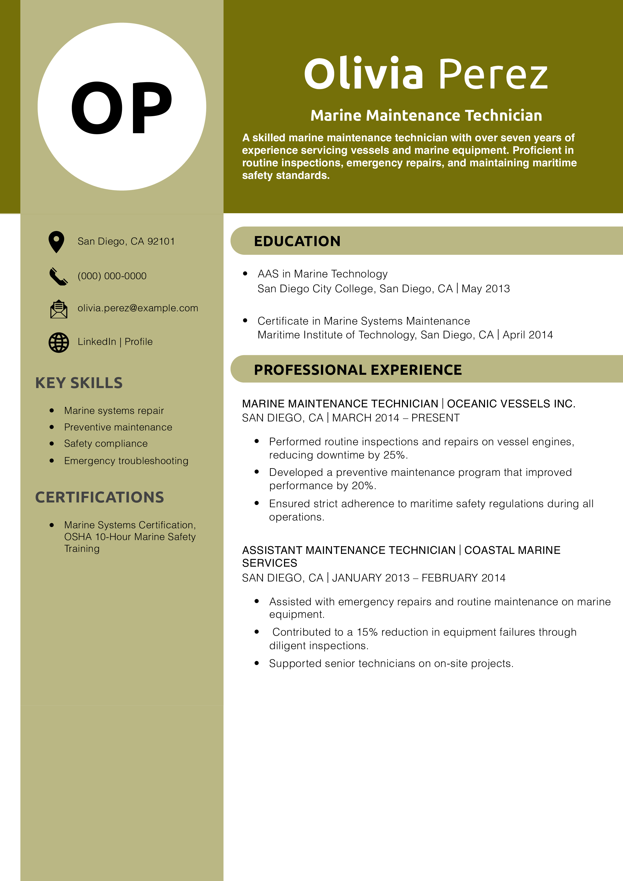Marine Maintenance Technician Resume Example