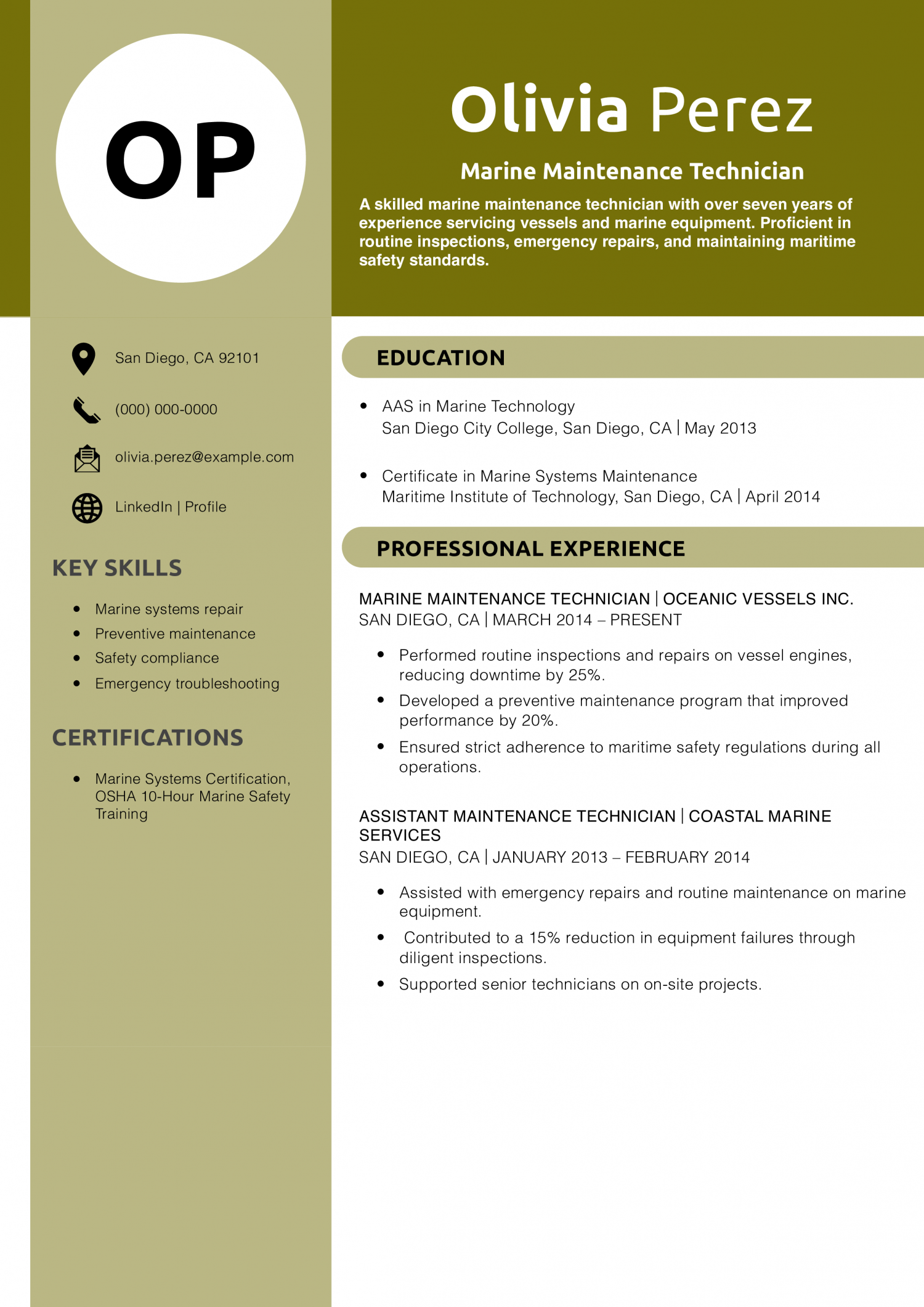 Marine Maintenance Technician Resume Example
