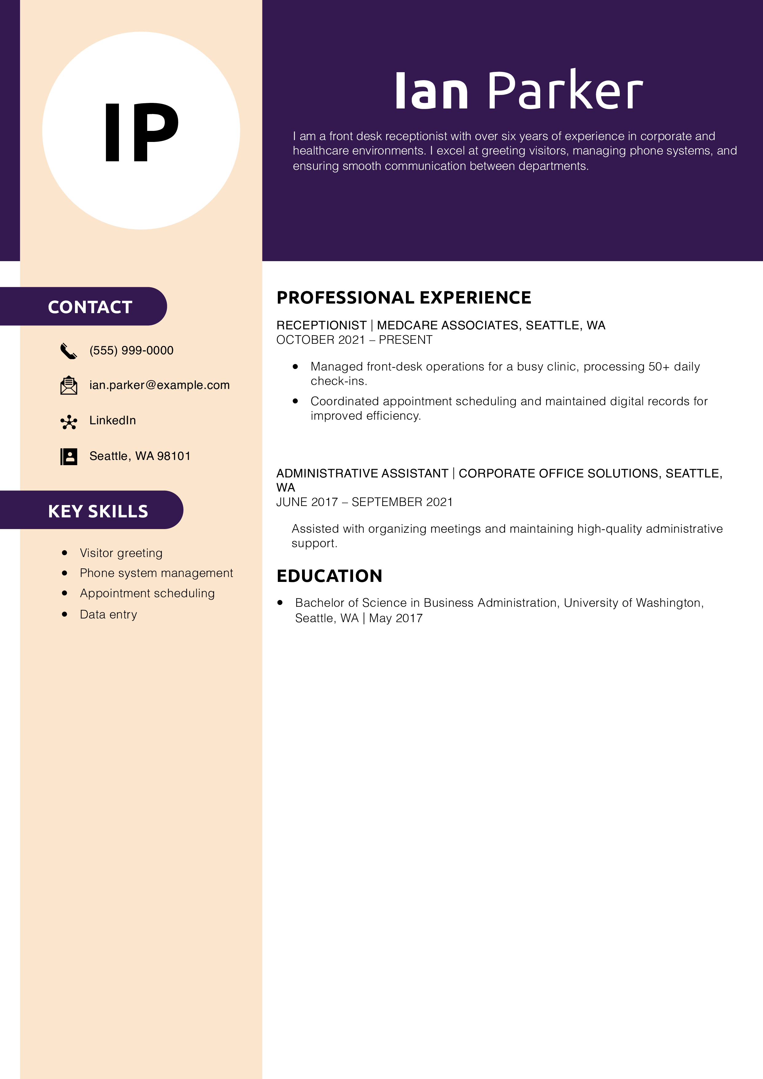 Front Desk Receptionist Resume Example
