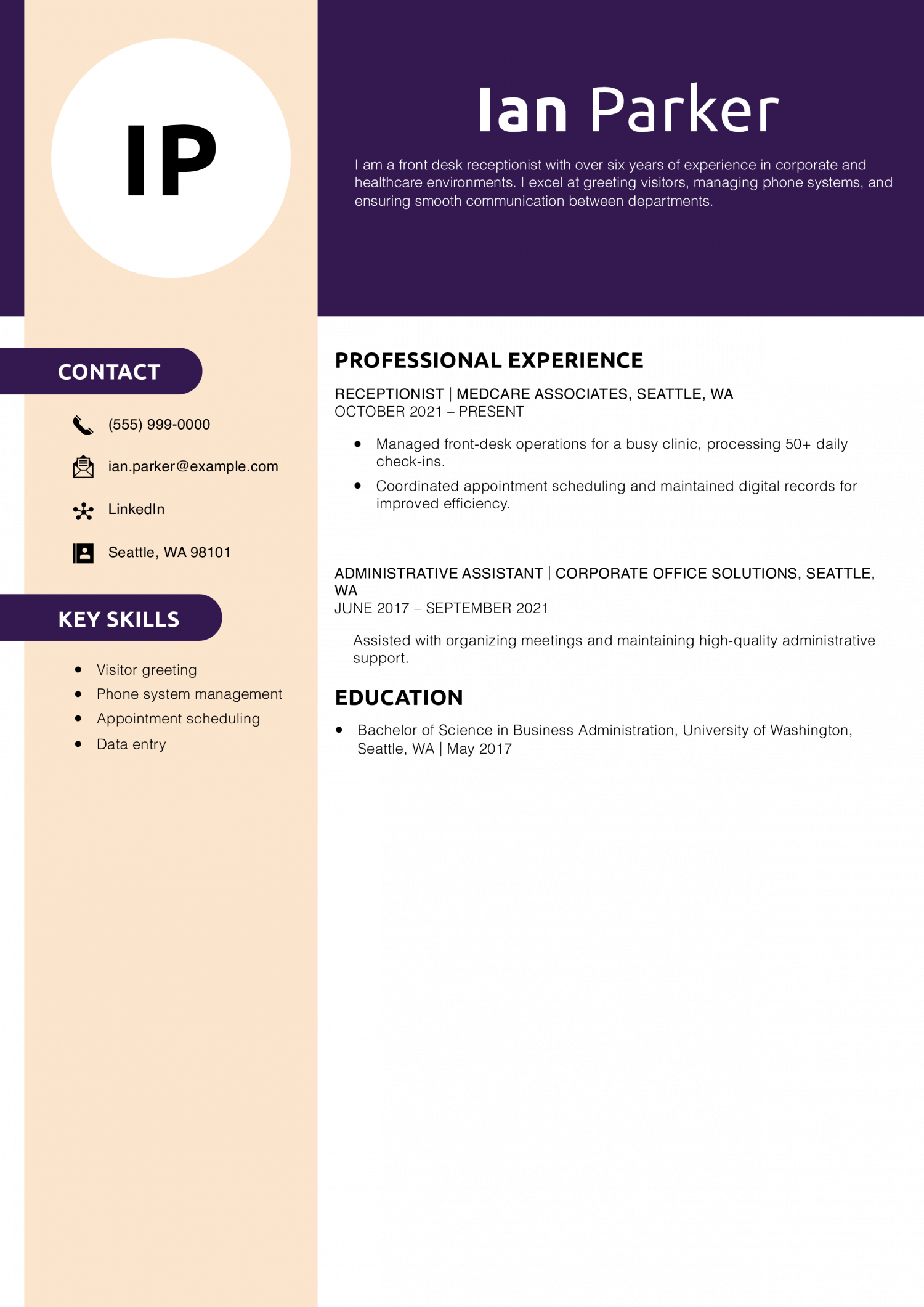 Front Desk Receptionist Resume Example