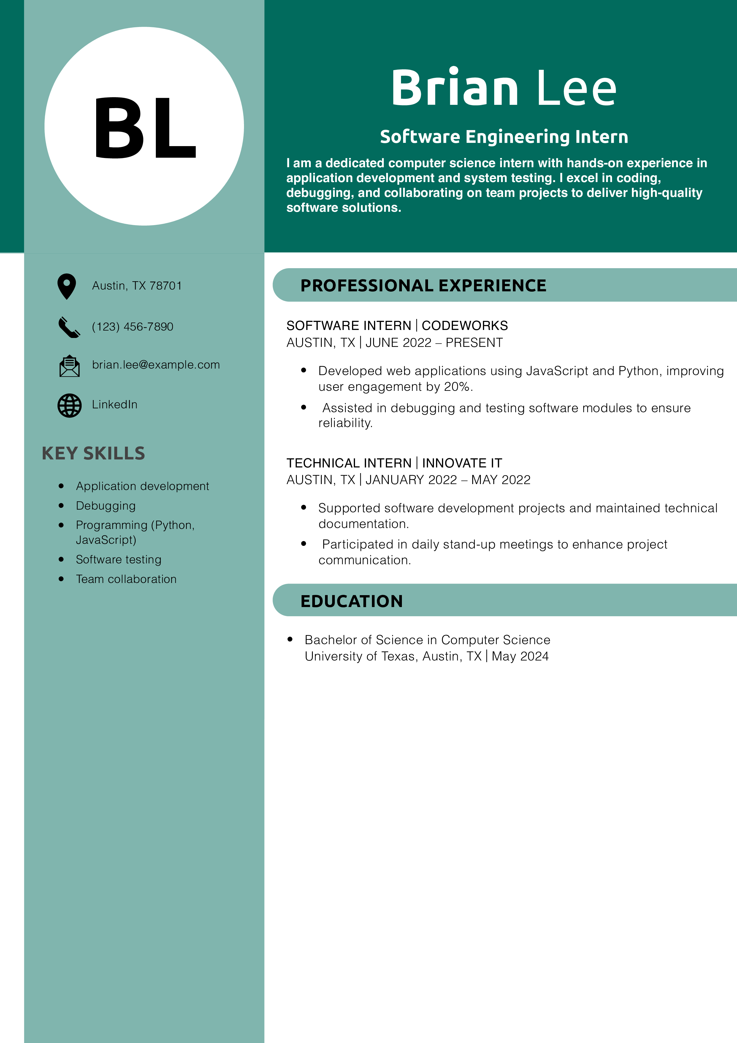 Software Engineering Intern Resume Example