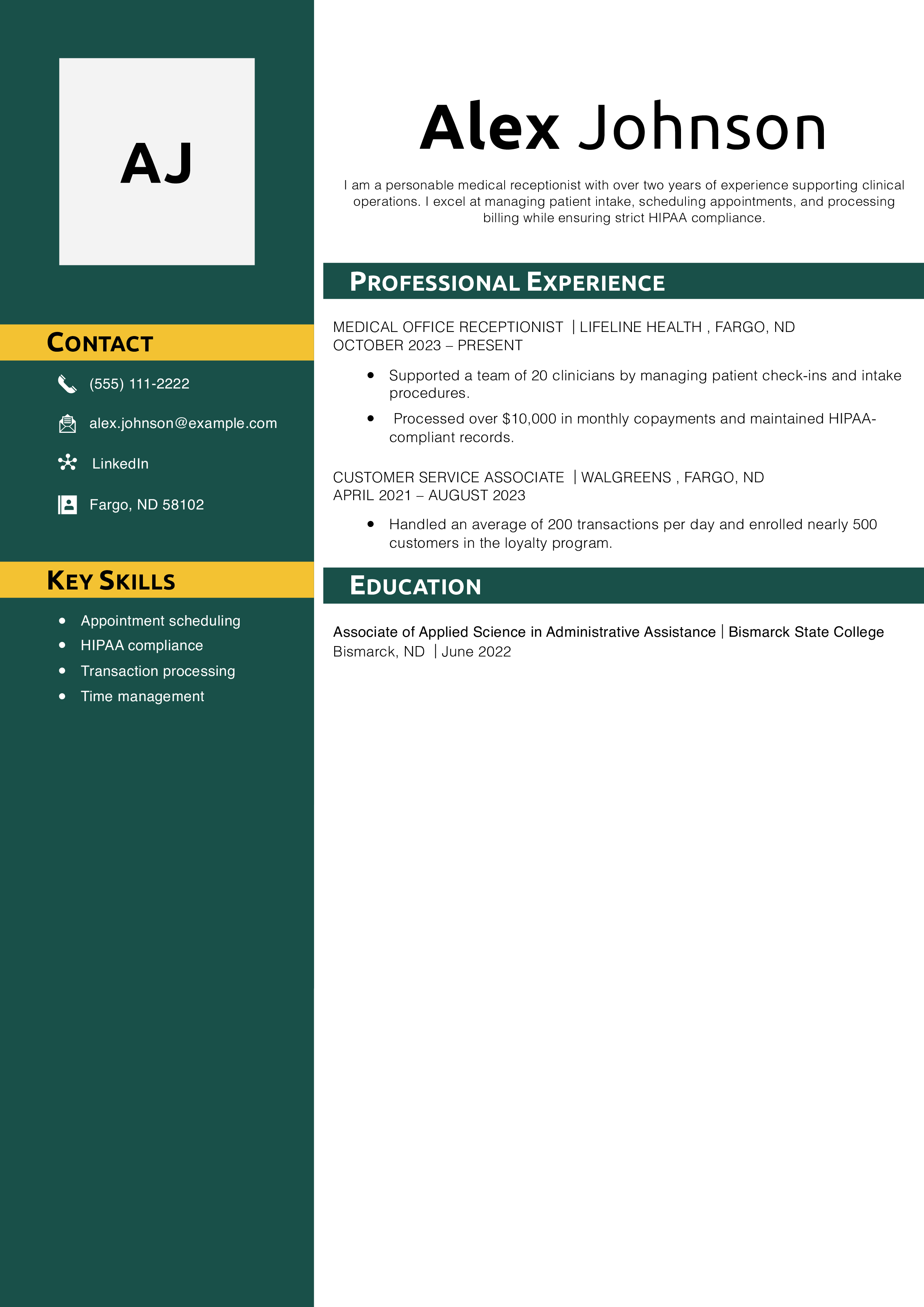 Medical Receptionist Resume Example