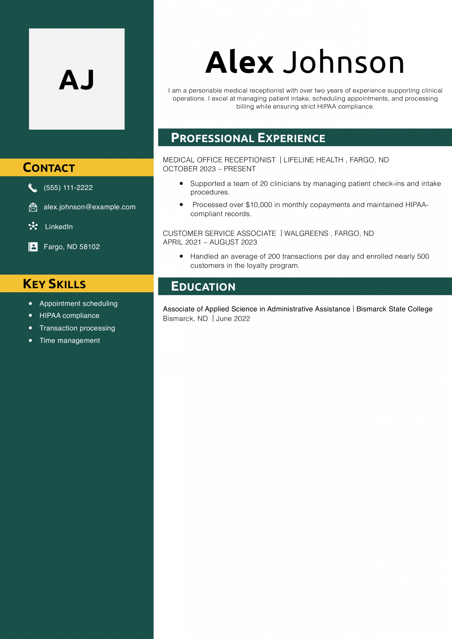 Medical Receptionist Resume Example