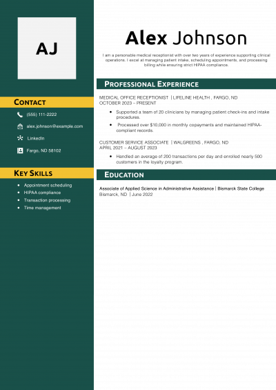 Medical Receptionist Resume Example