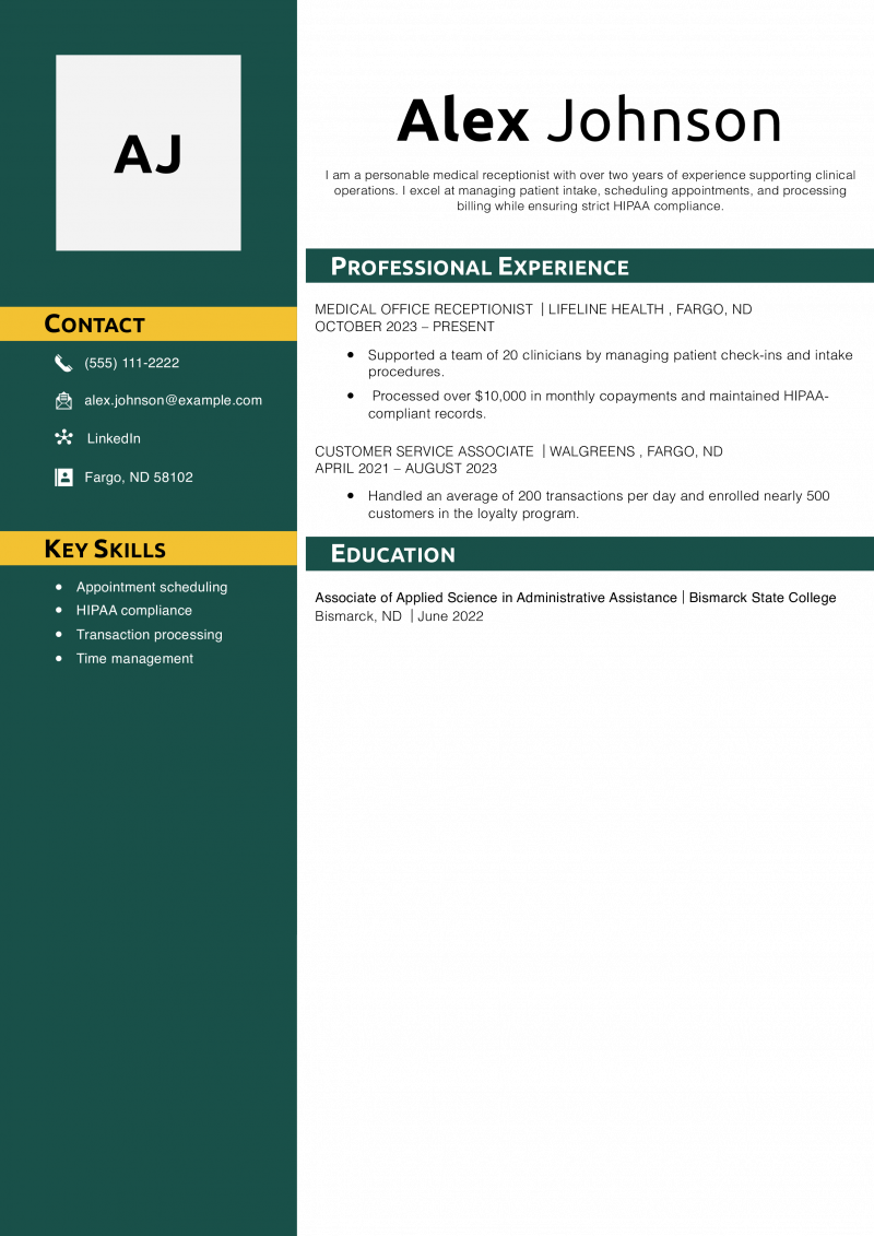 Medical Receptionist Resume Example