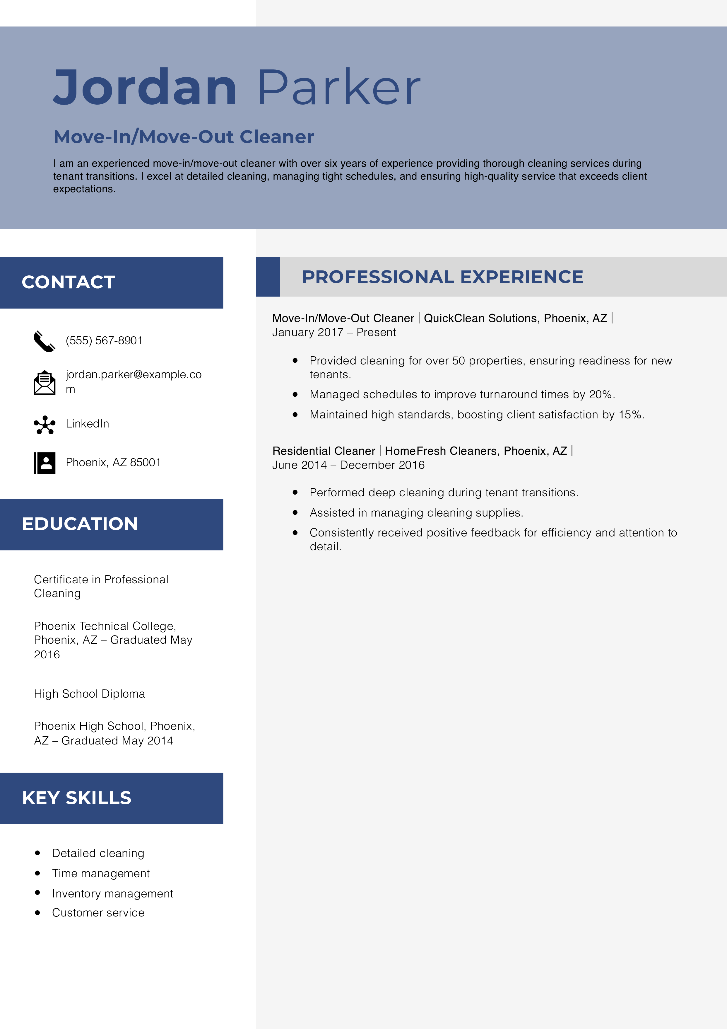 Move-In/Move-Out Cleaner Resume Example