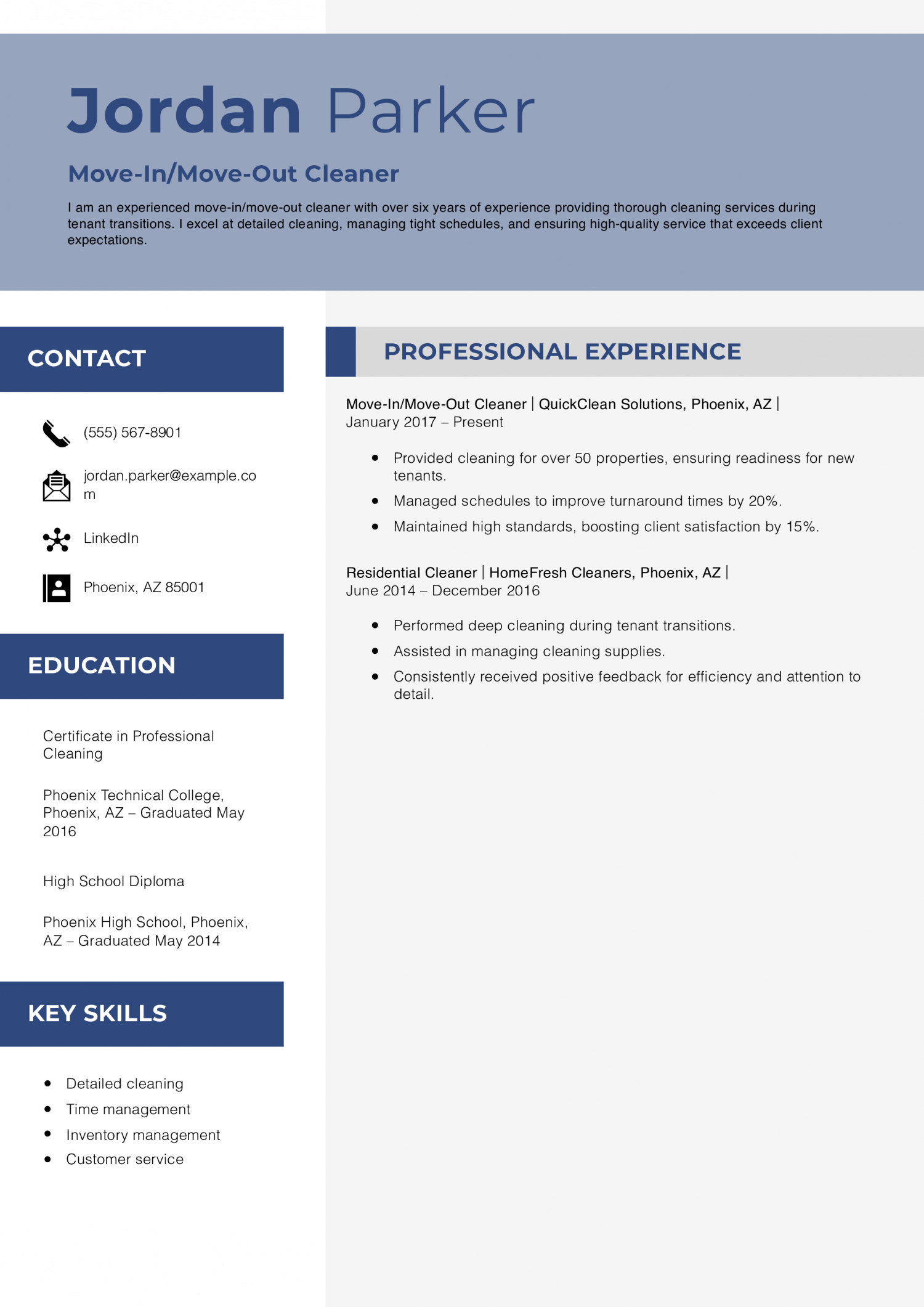 Move-In/Move-Out Cleaner Resume Example