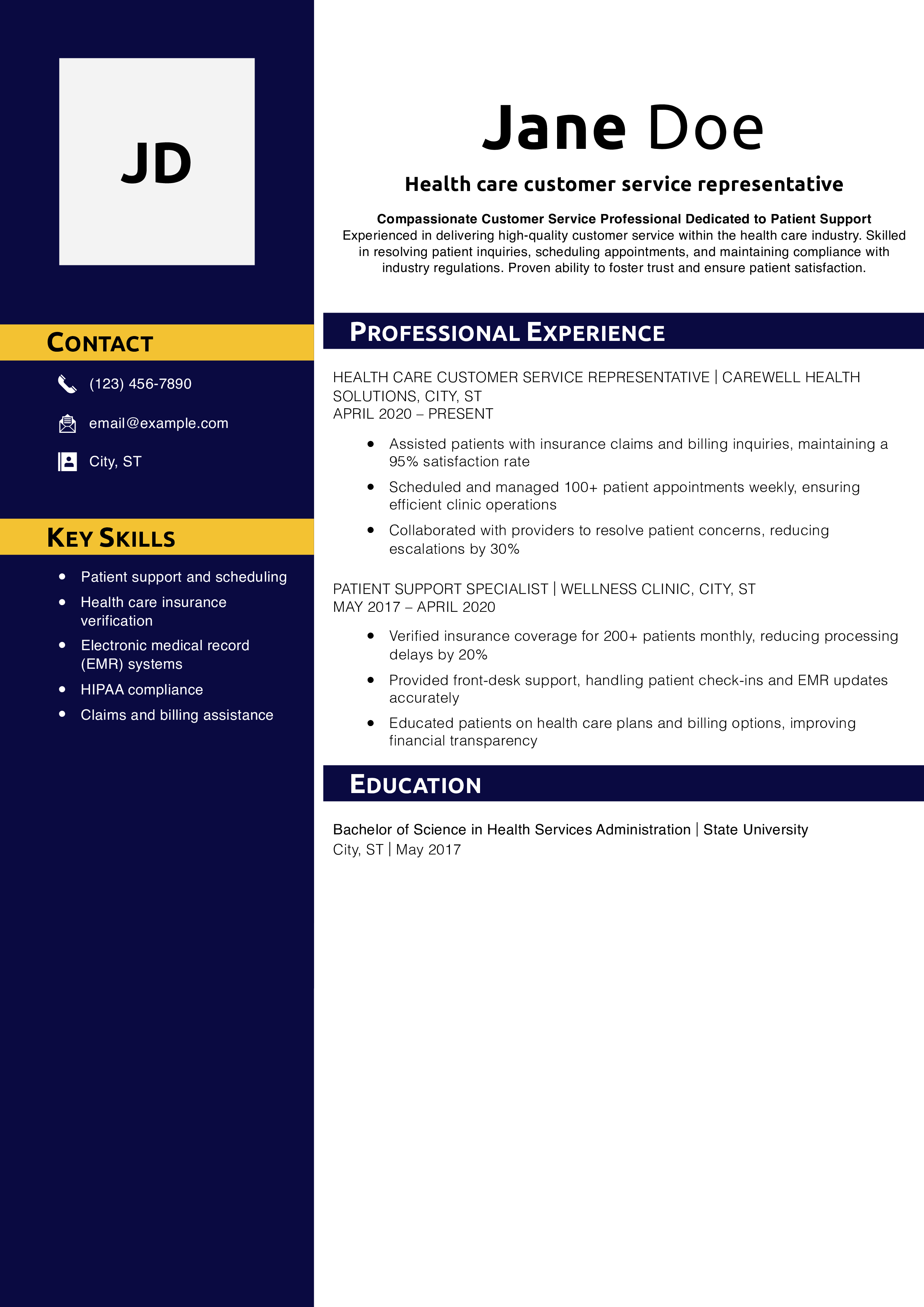 Health care customer service representative Resume Example