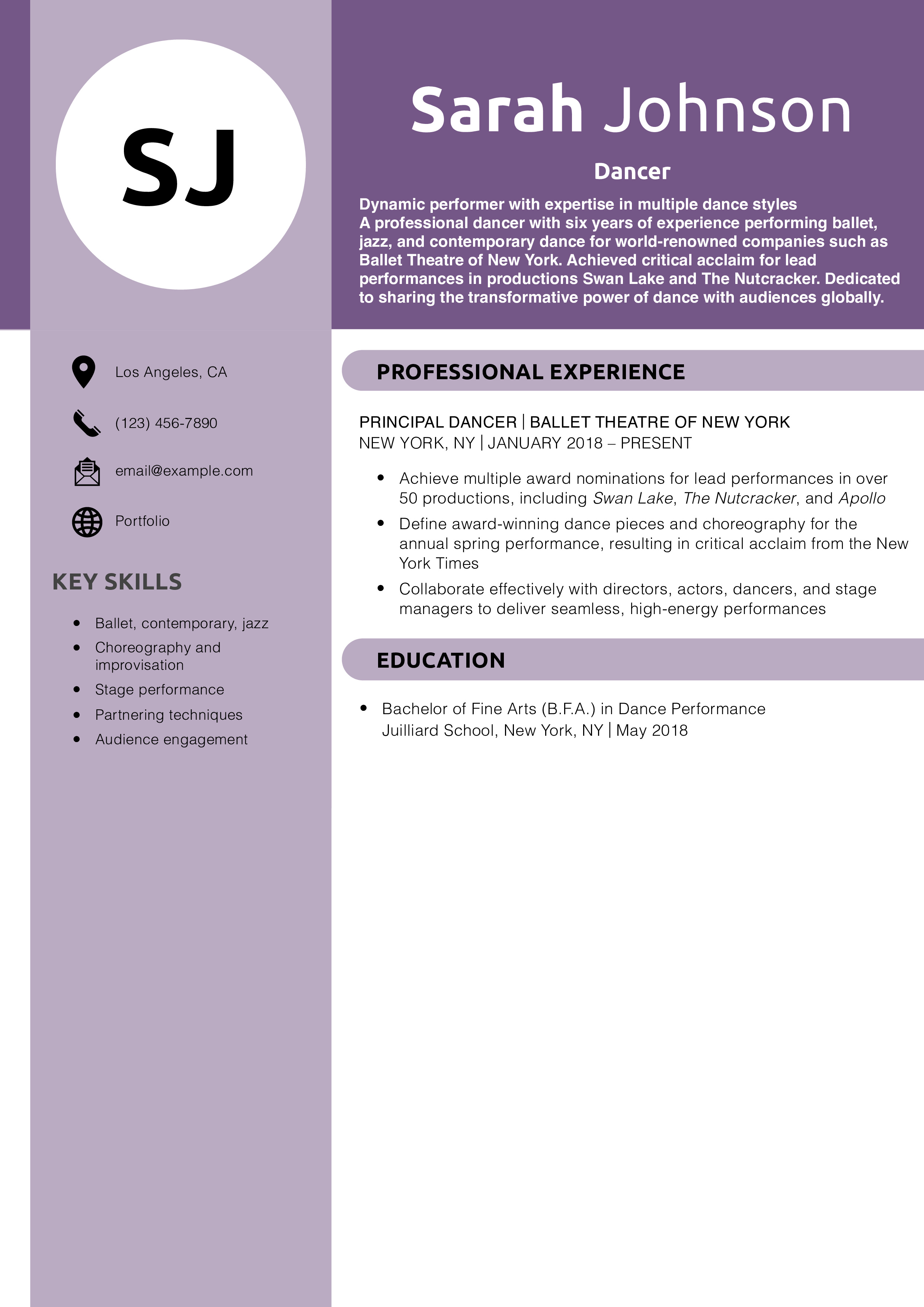 Dancer Resume Example