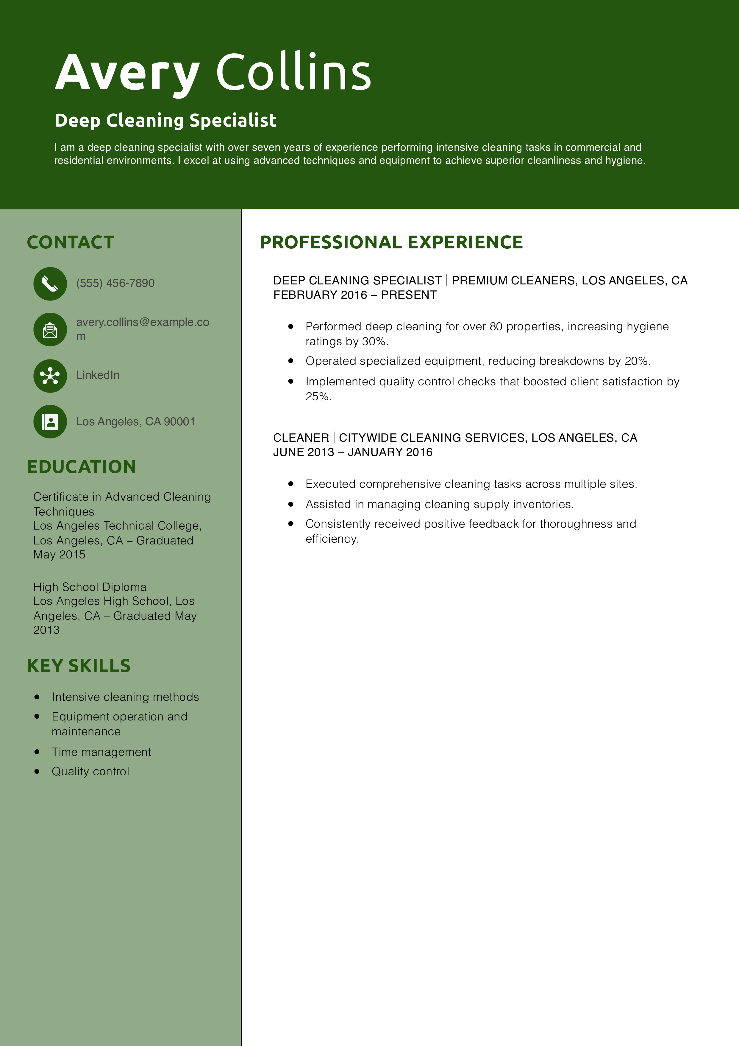 Deep Cleaning Specialist Resume Example