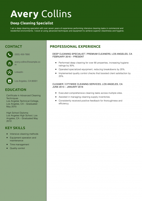 Deep Cleaning Specialist Resume Example
