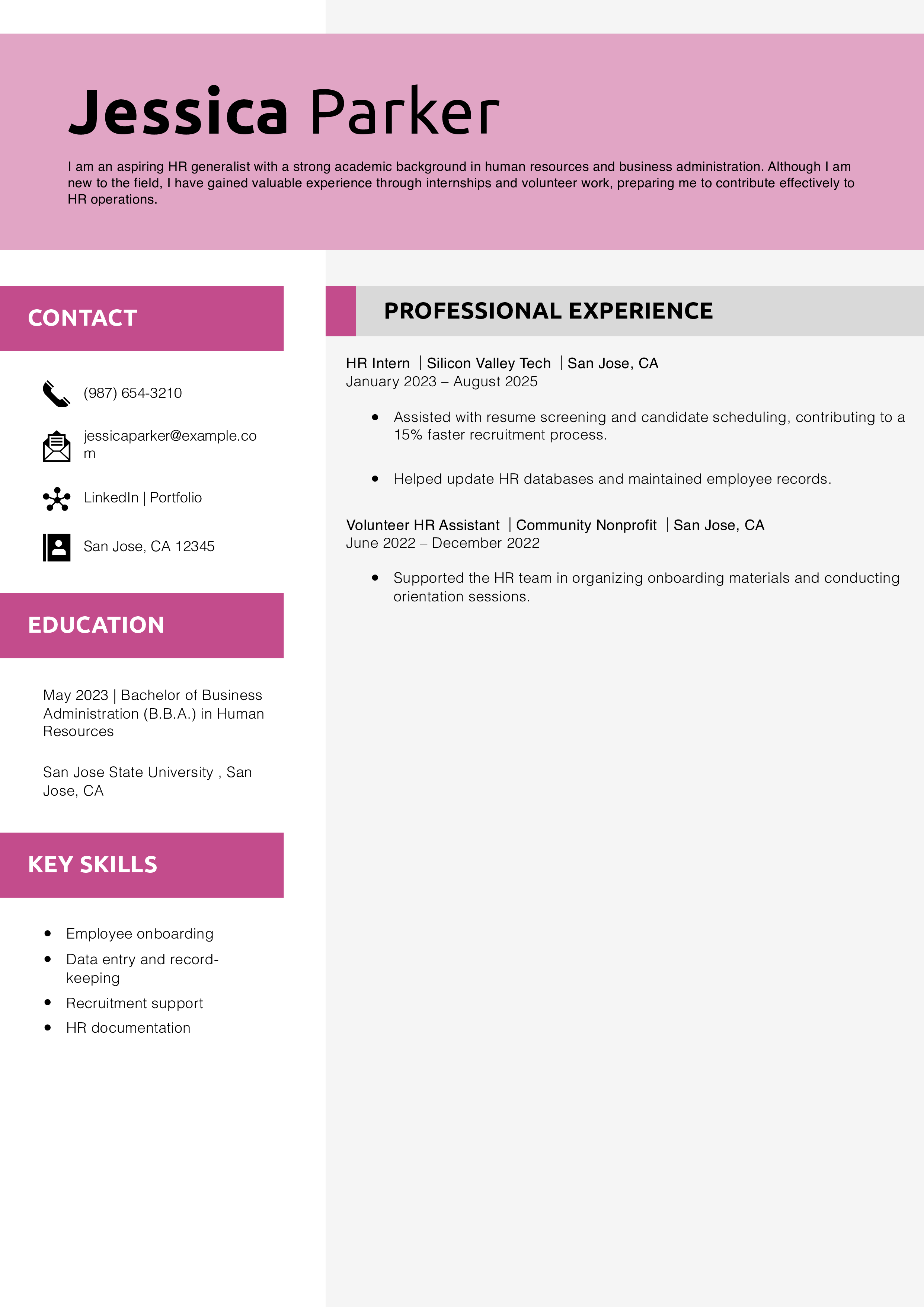HR Generalist Resume with No Experience Example