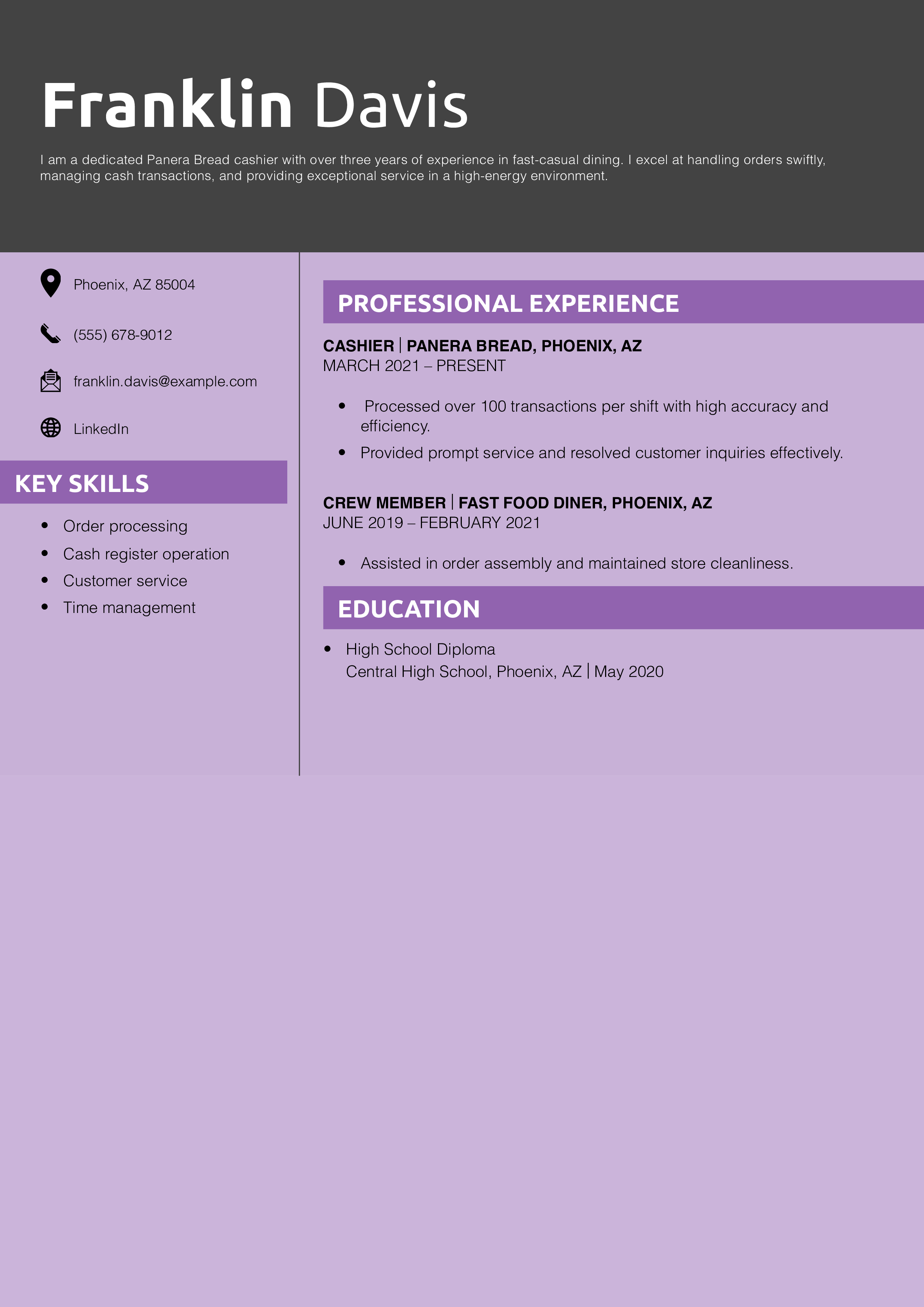 Panera Bread Cashier Resume Example