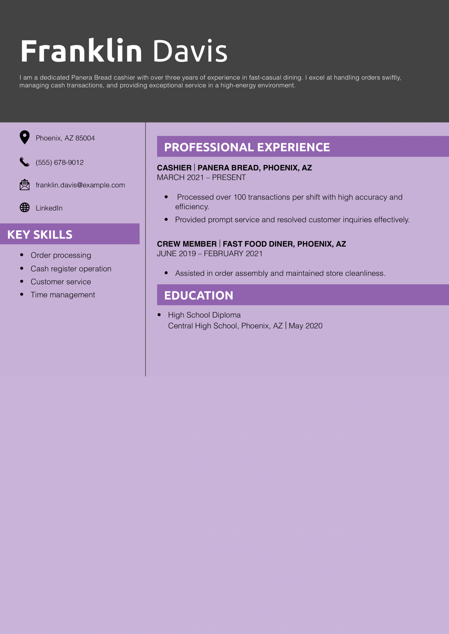 Panera Bread Cashier Resume Example