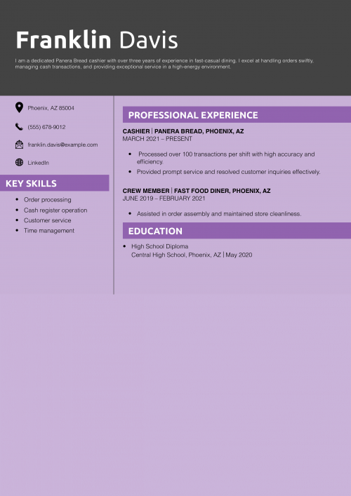 Panera Bread Cashier Resume Example