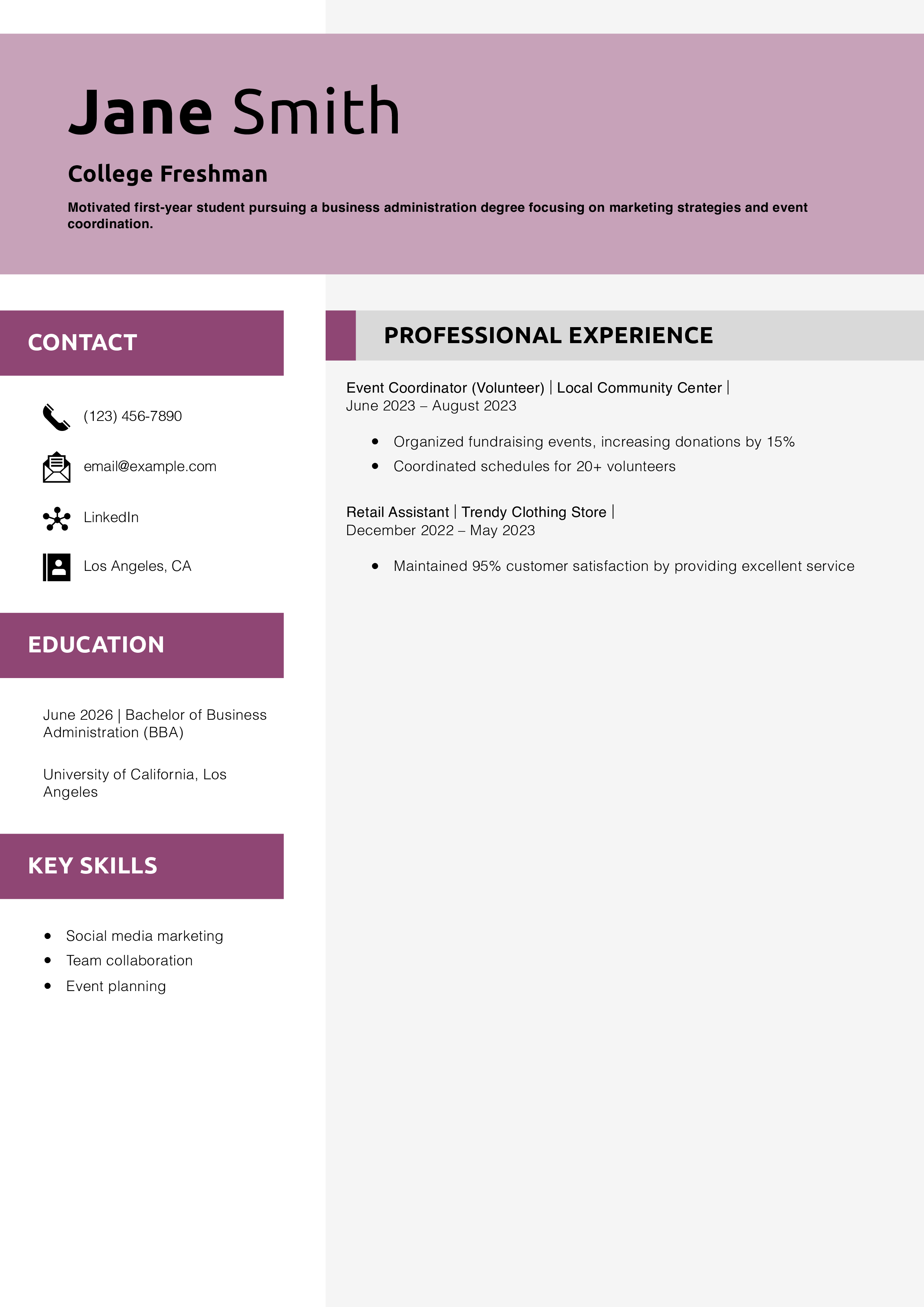 College Freshman Resume Example